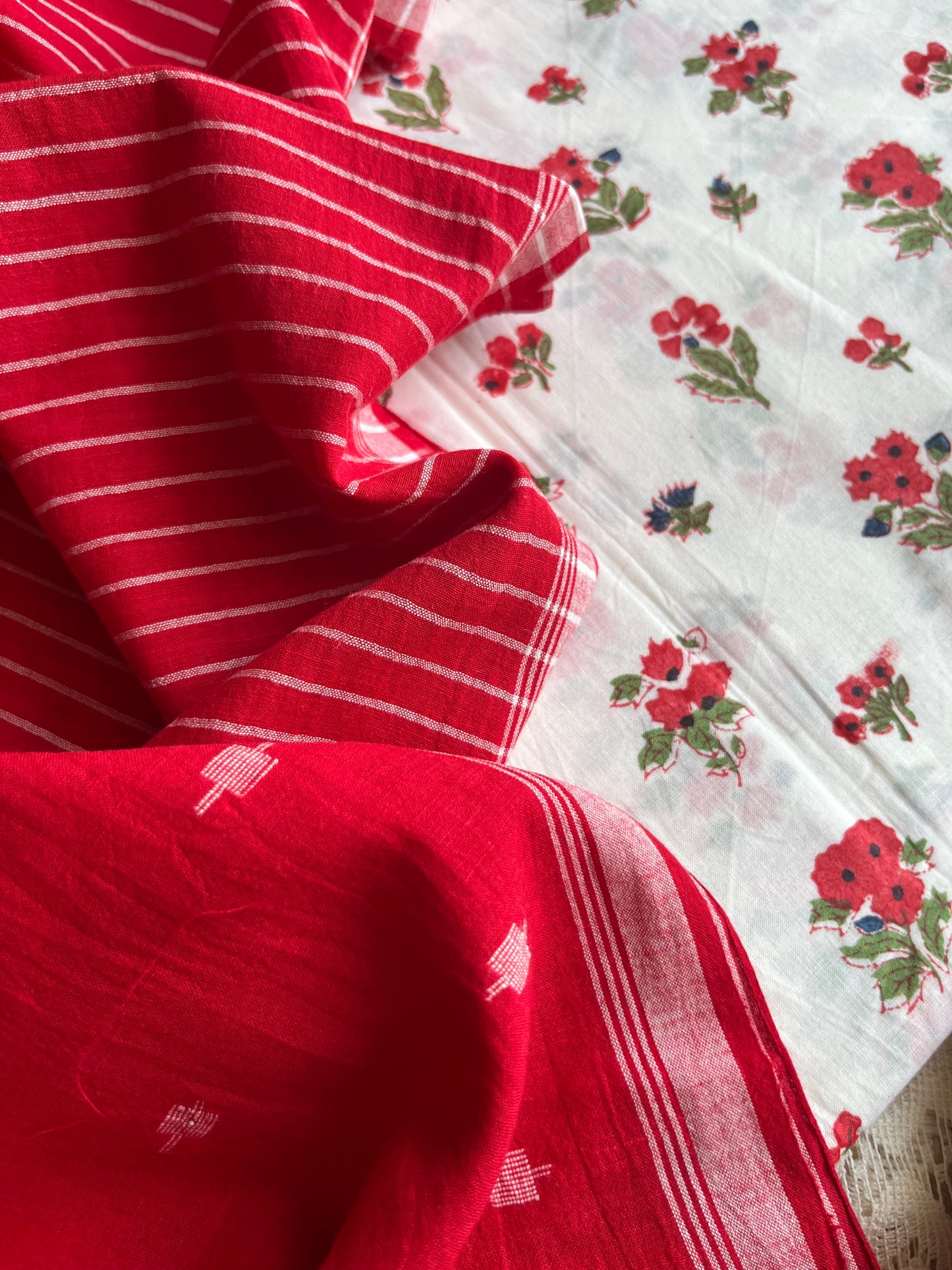 Cotton block print kurta bottom mul jaamdani dupatta