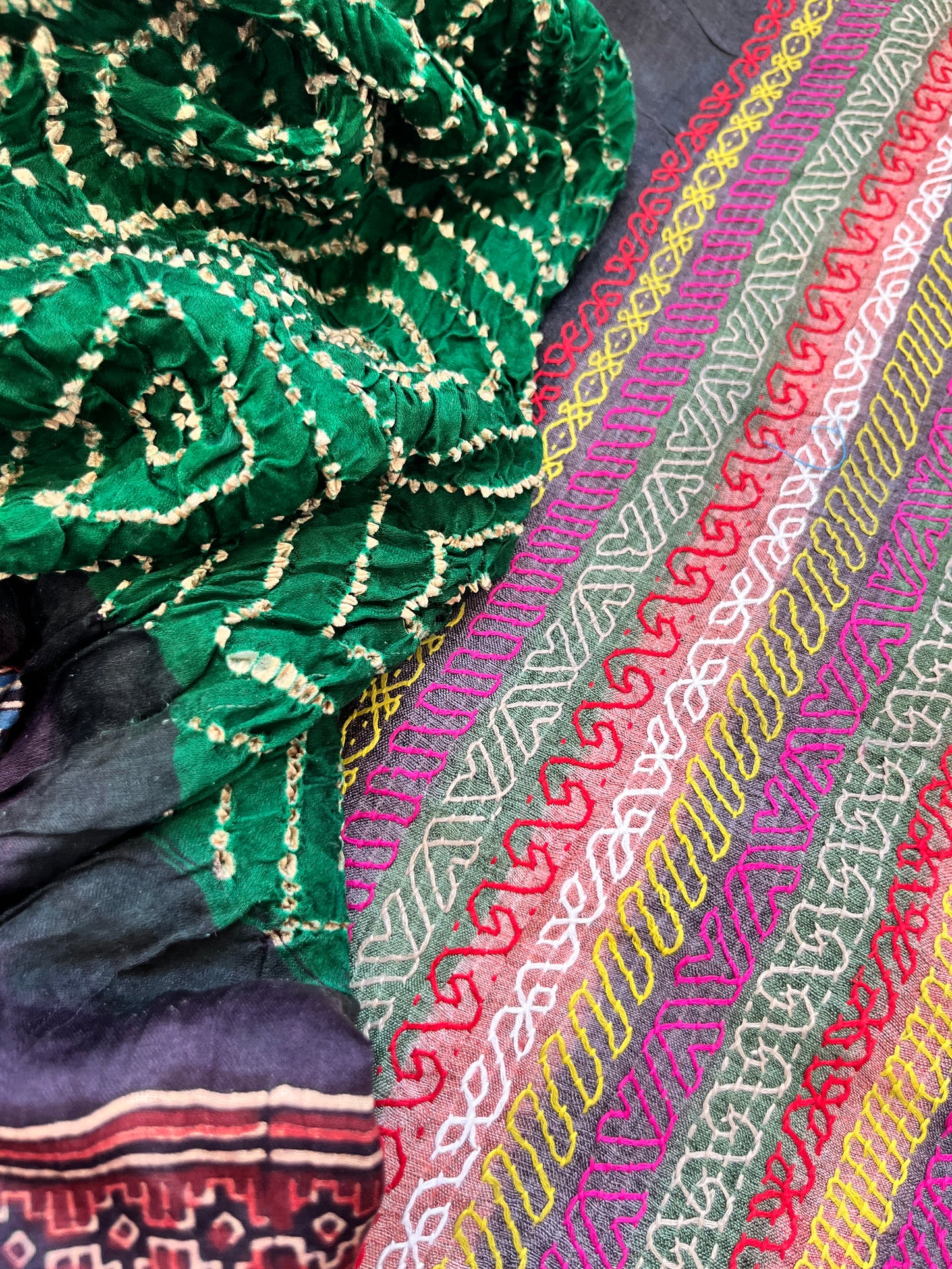 Silk kantha work kurta fabric with Bandhani ajrakh dupatta