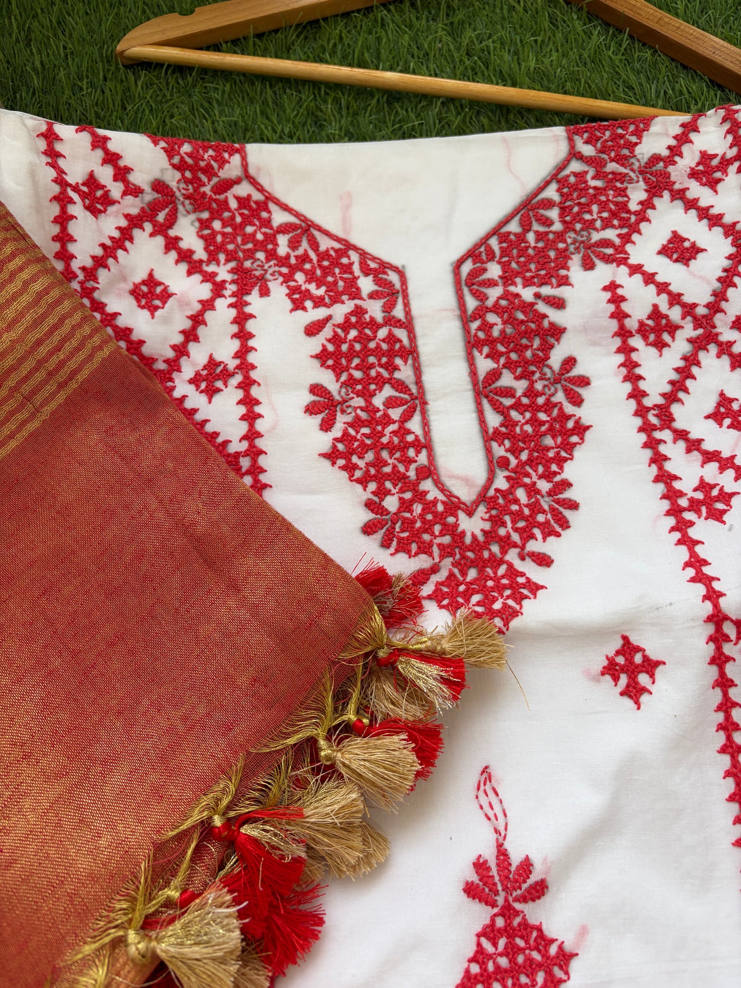 Cotton sindhi work kurta fabric with linen chikankari dupatta