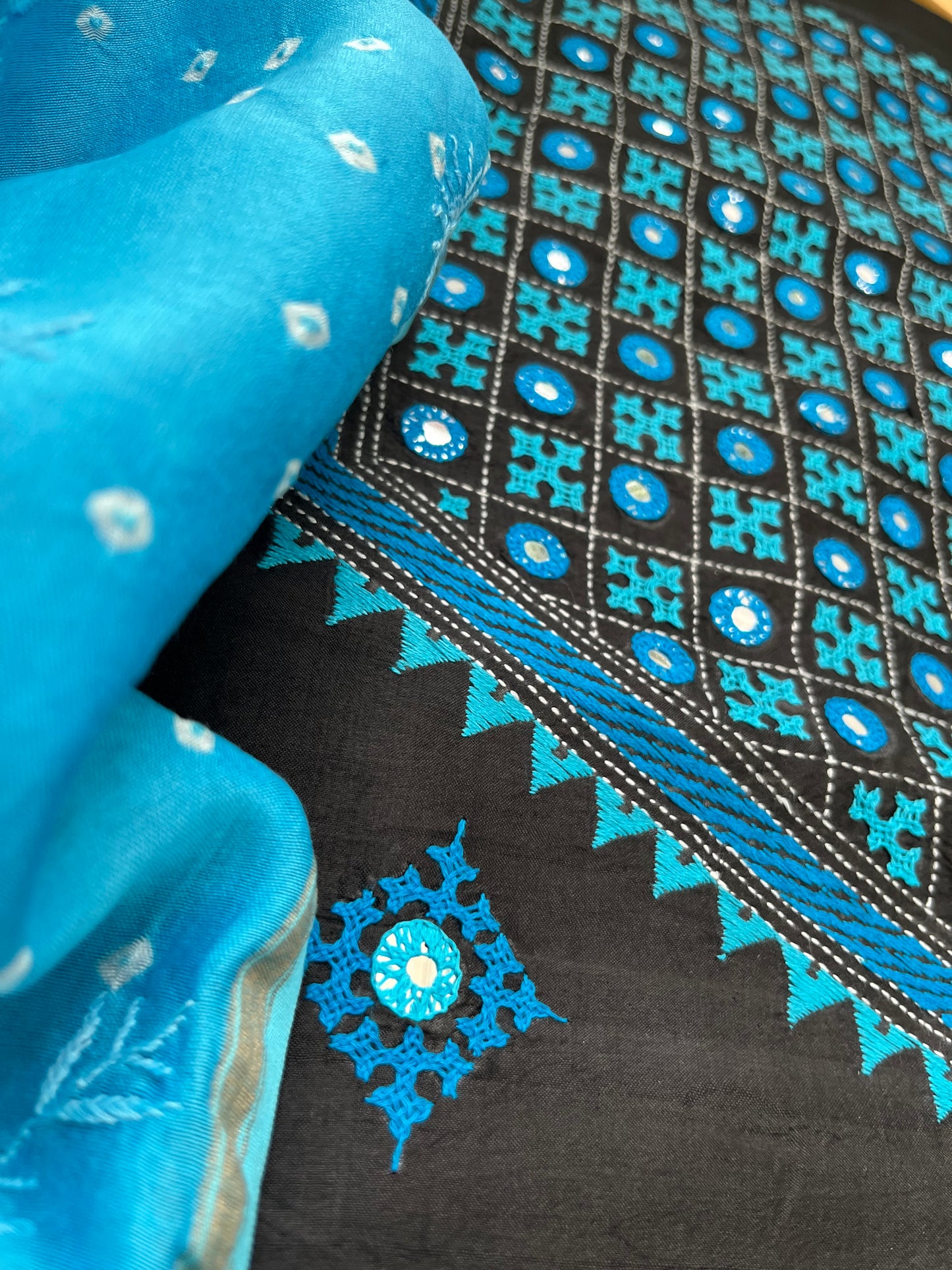 Silk sindhi work kurta fabric with Bandhani chikankari dupatta