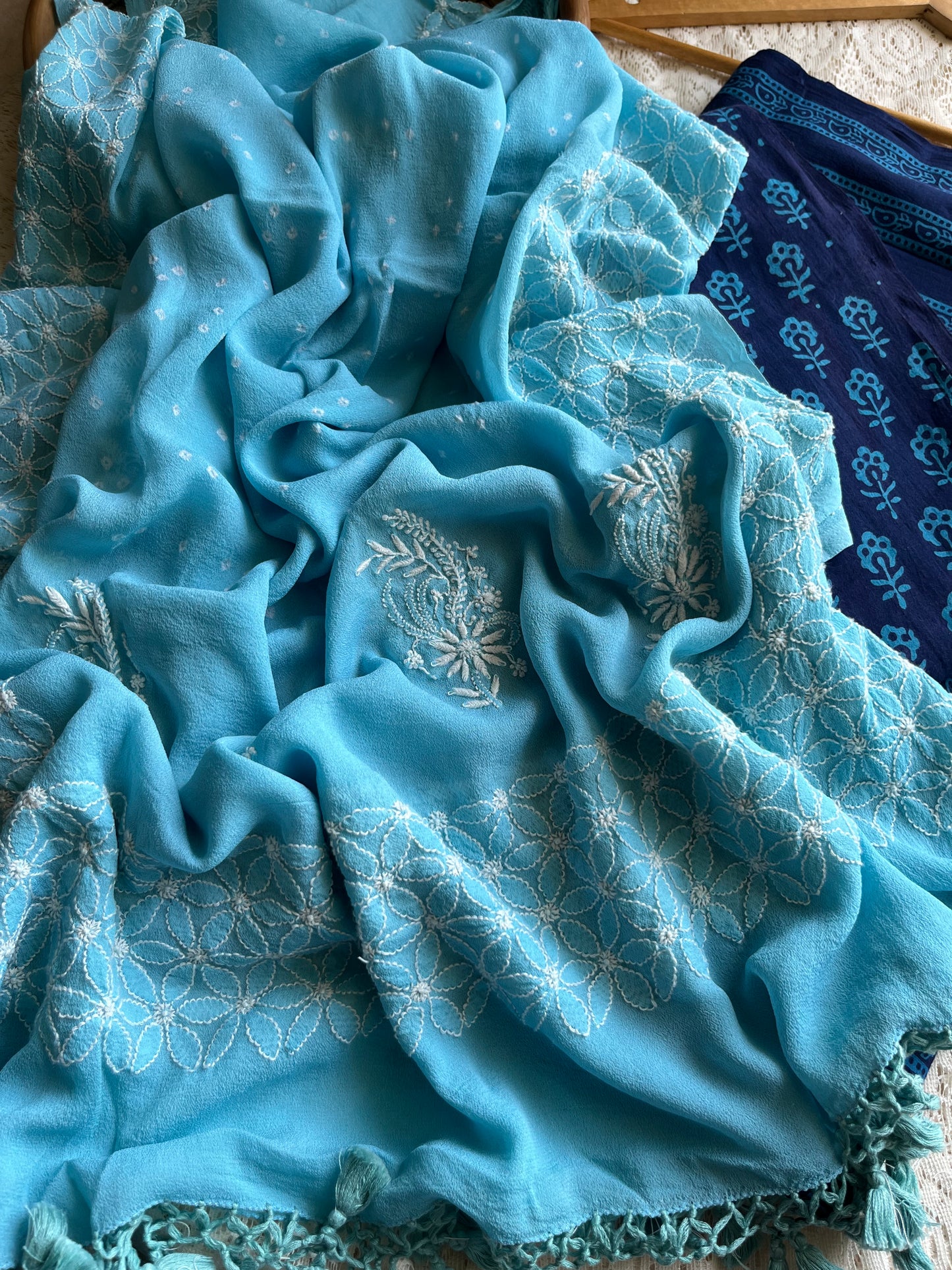 Cotton kurta bottom pure georgette chikankari bandhani dupatta