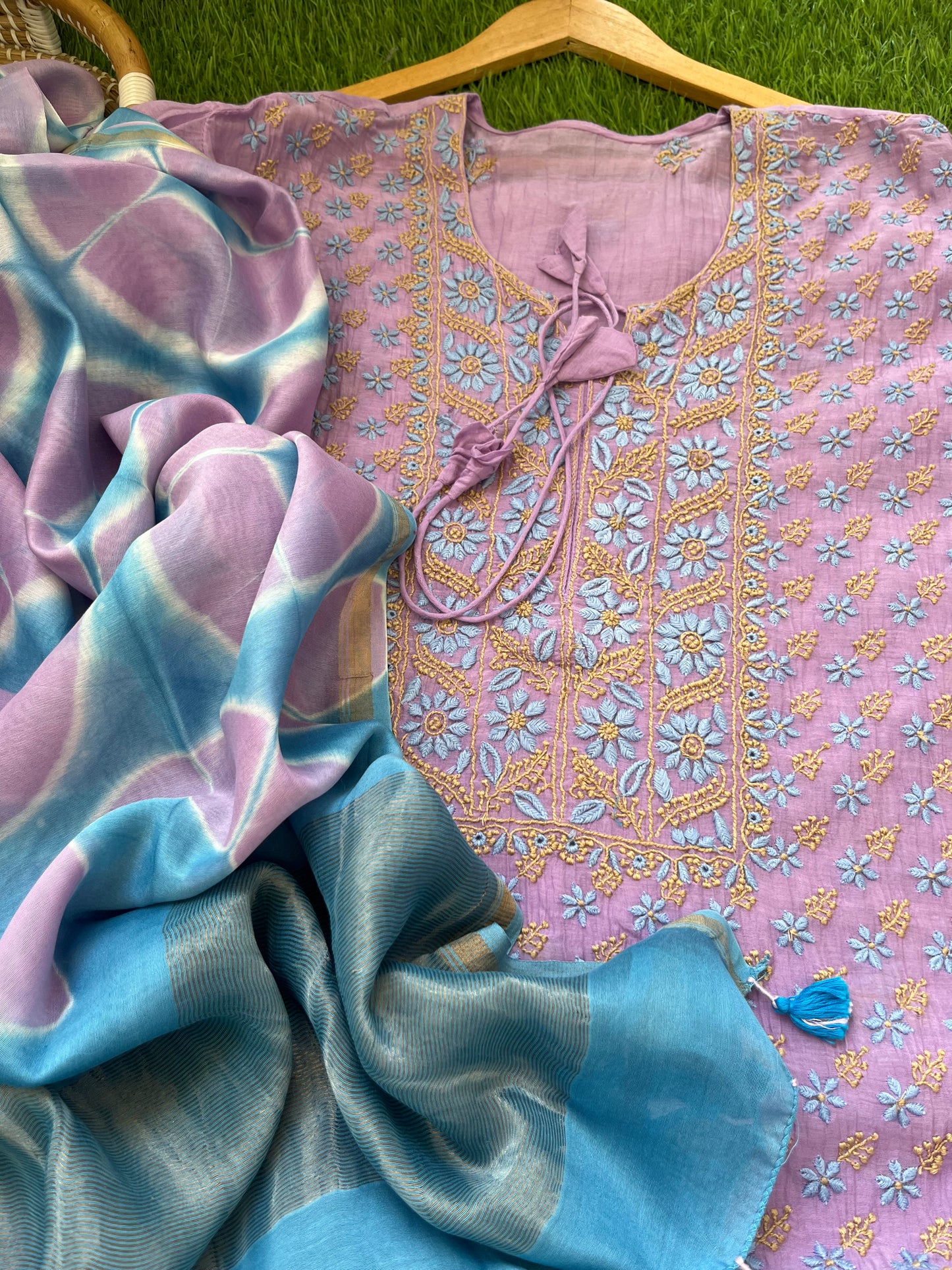 Chanderi Chikankari Kurta clamp dye Dupatta