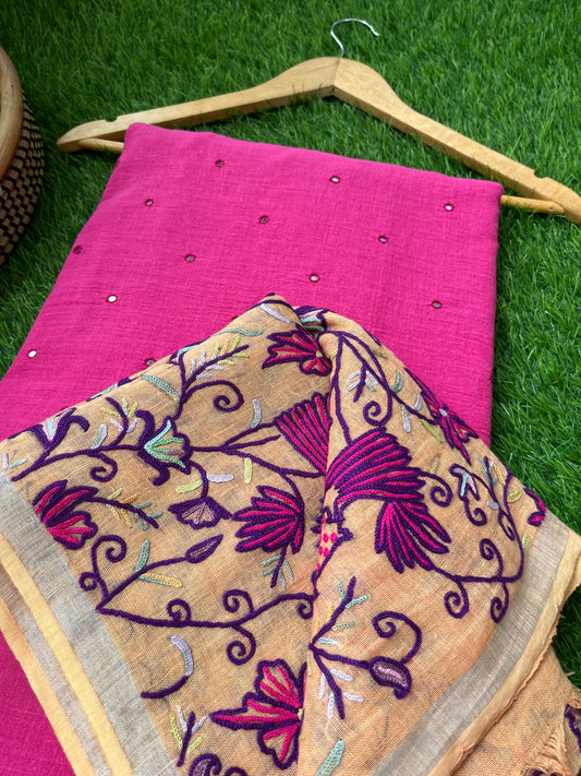 Linen aari kaam dupatta paired with kala cotton kurta fabric