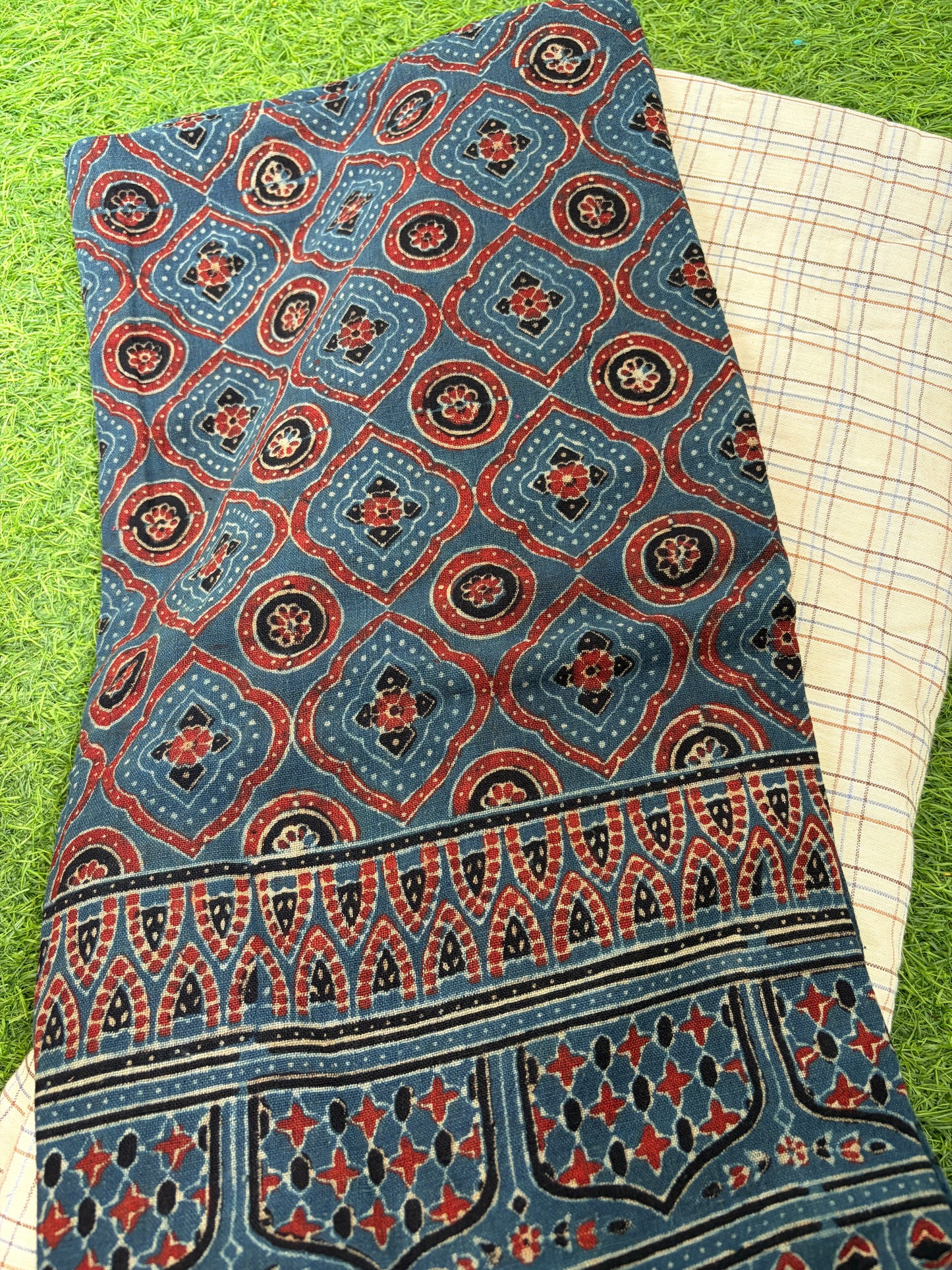 Kala Cotton ajrakh kurta khadi check Bottom