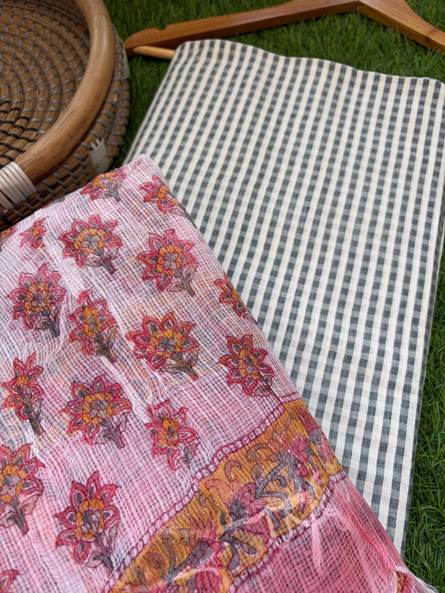 Muslin Khadi check kurta fabric kota dupatta