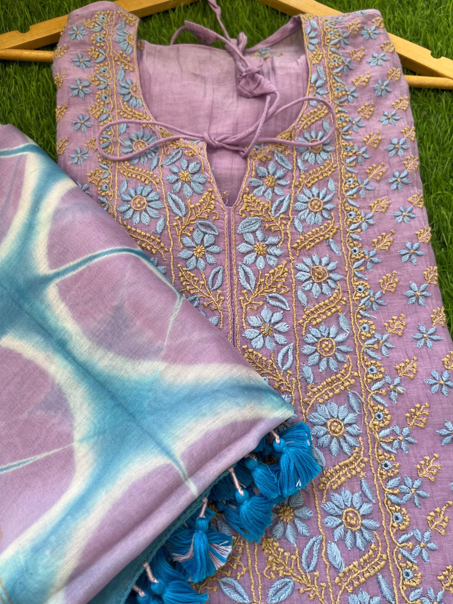 Chanderi Chikankari Kurta clamp dye Dupatta