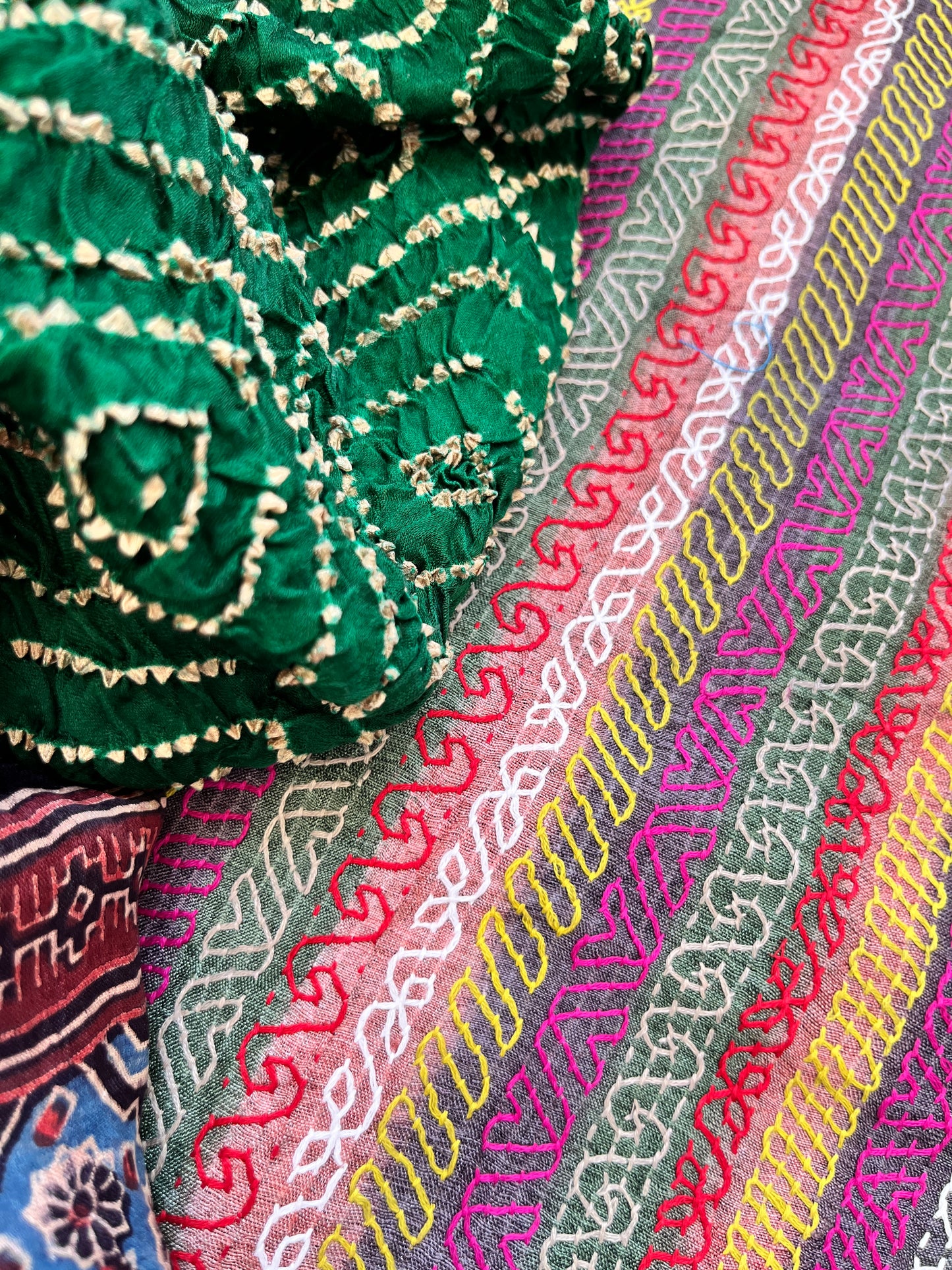 Silk kantha work kurta fabric with Bandhani ajrakh dupatta