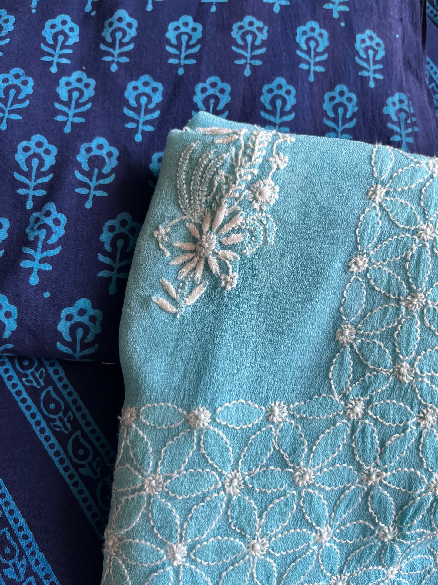 Cotton kurta bottom pure georgette chikankari bandhani dupatta