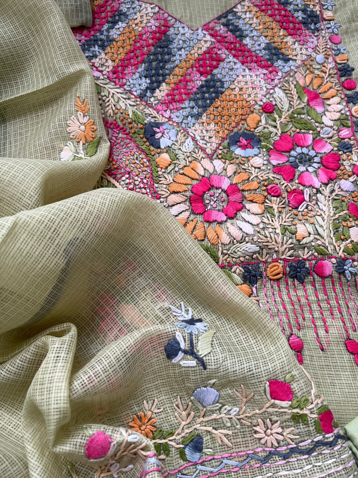 Kota hand embroidered kurta dupatta and plain bottom fabric