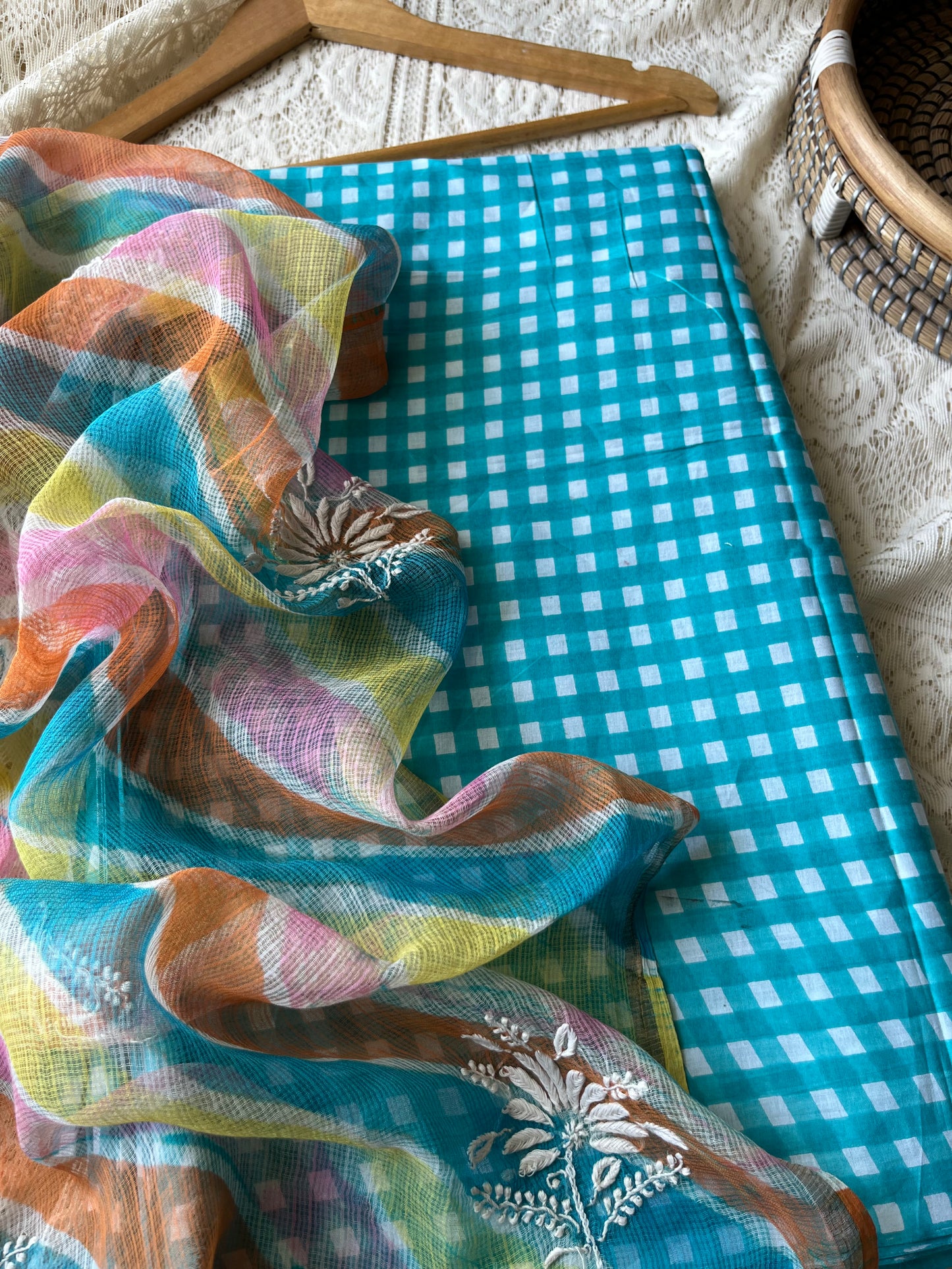 Cotton check kurta bottom fabric kota doria chikan work dupatta