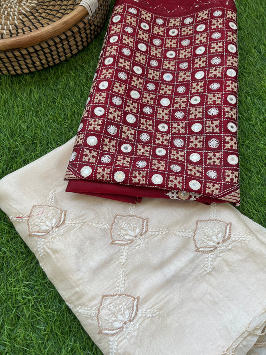 Silk sindhi work kurta fabric with silk chikankari dupatta
