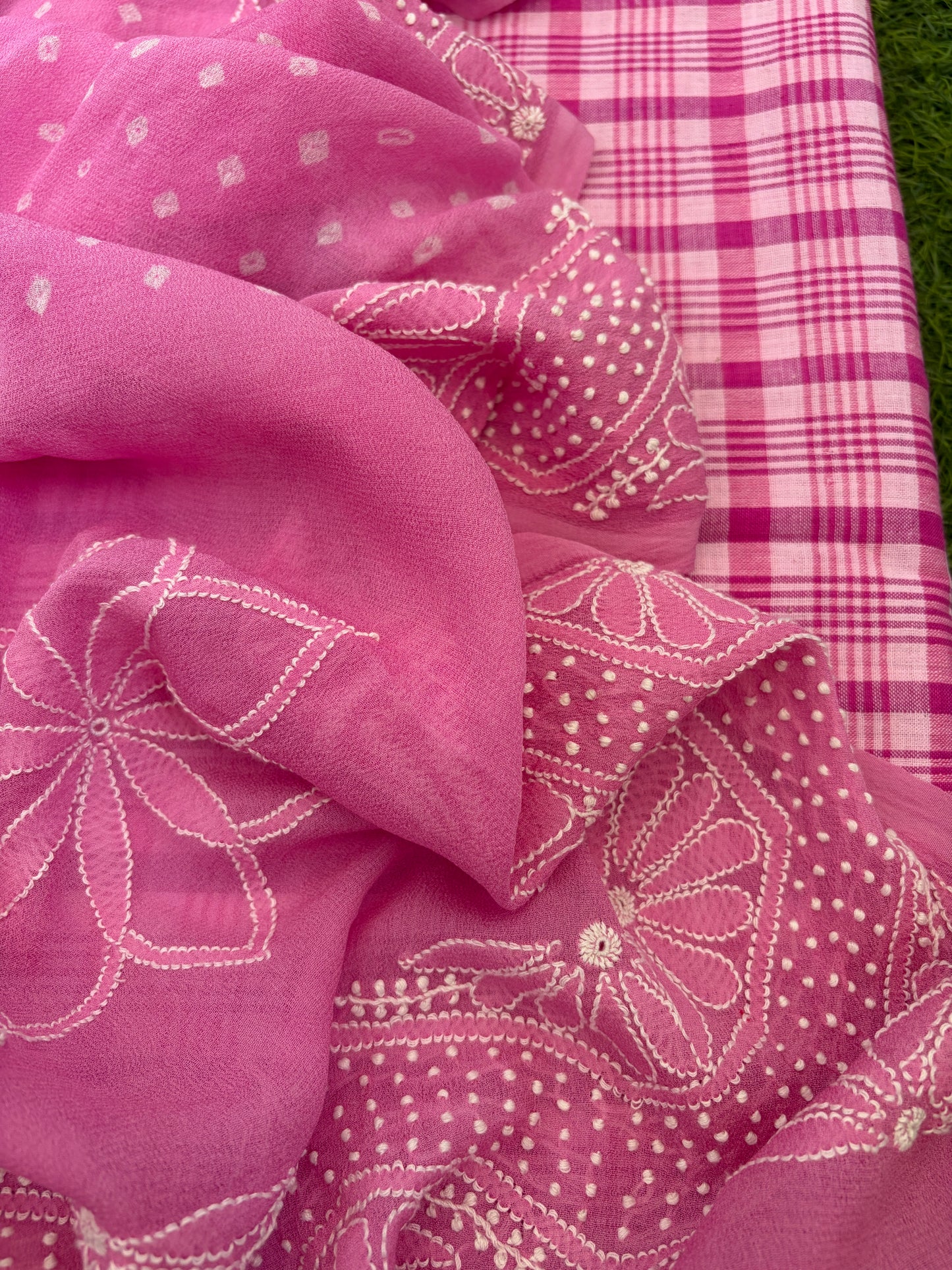 Khadi kurta bottom pure georgette chikankari bandhani dupatta
