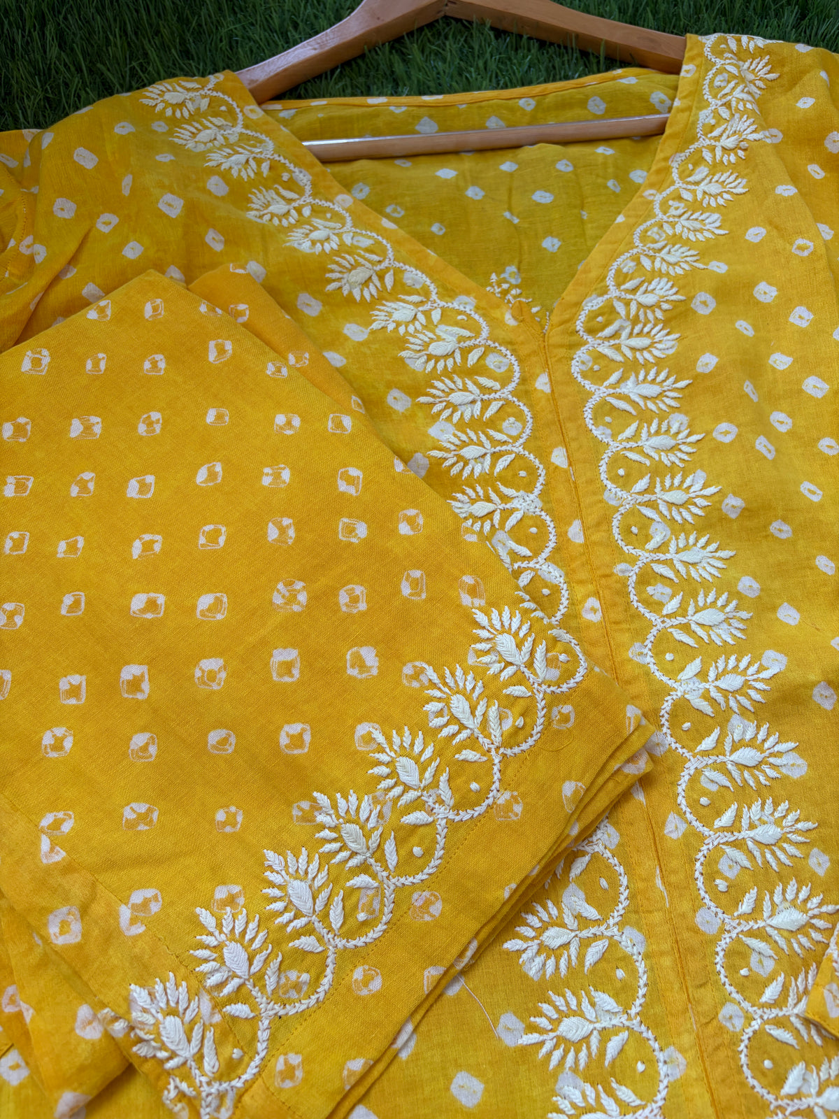 Cotton Bandhani chikan shirt and a-bottom
