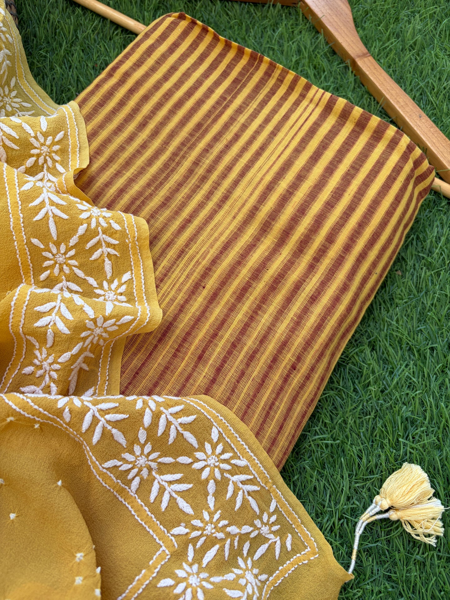 Khadi kurta bottom pure georgette chikankari bandhani dupatta