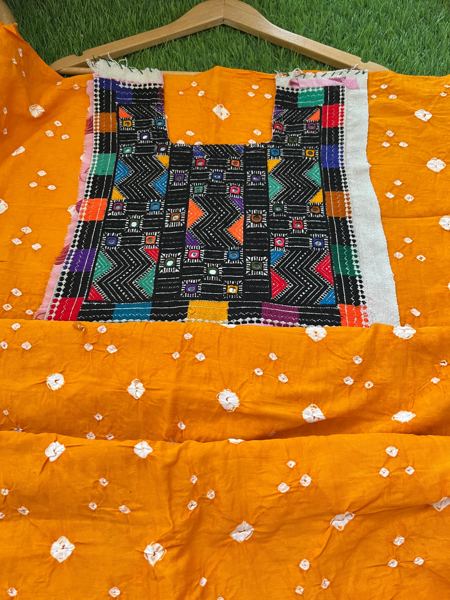 Mirror work patch with bandhani kurta fabric