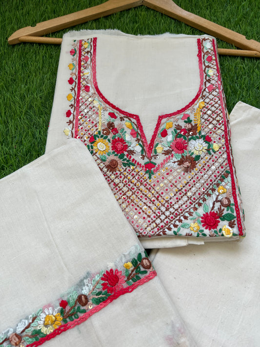 Handwoven Cotton knot work embroidered kurta dupatta and plain bottom fabric
