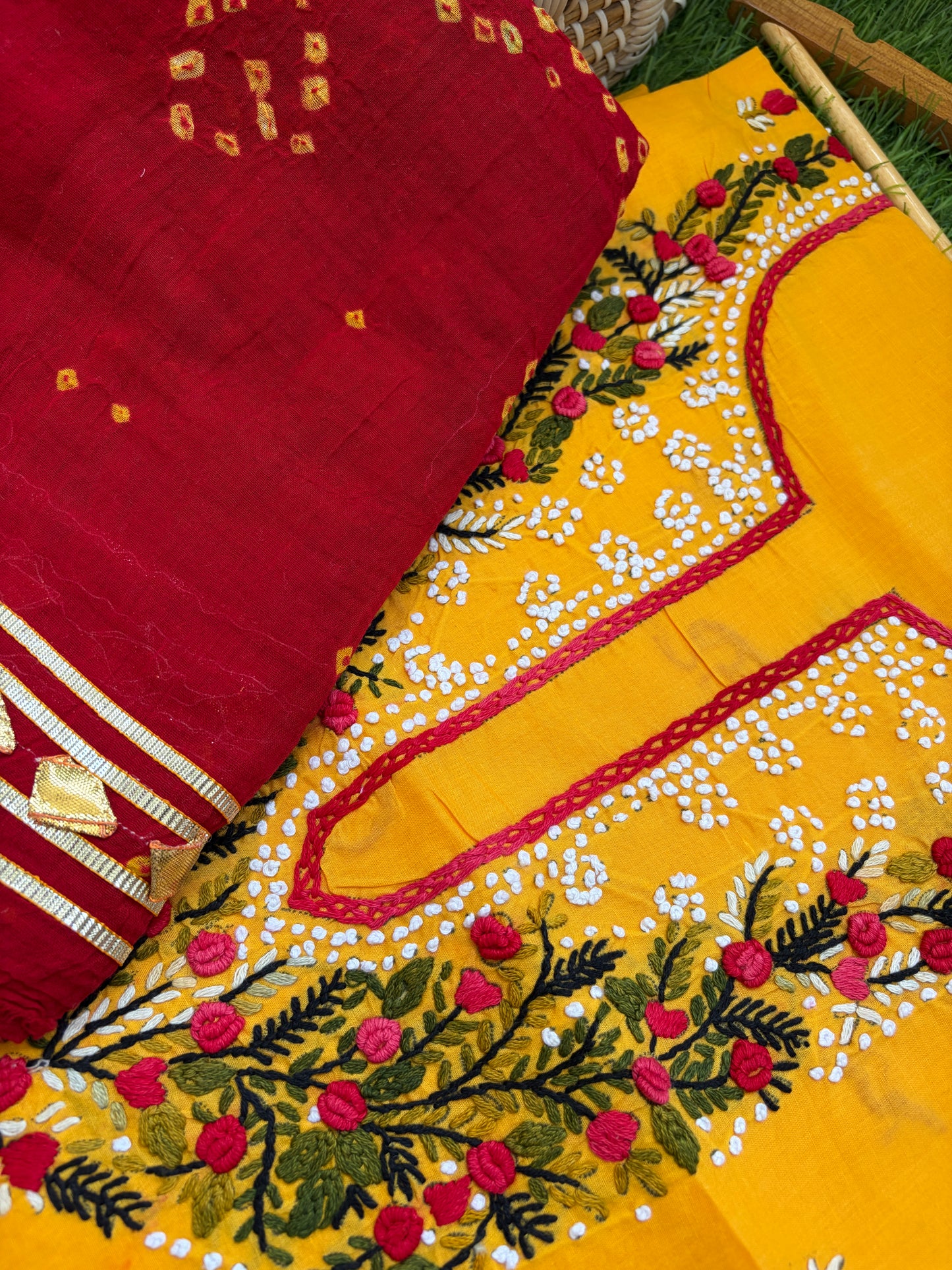 Cotton knot work kurta bandhani gota Dupatta