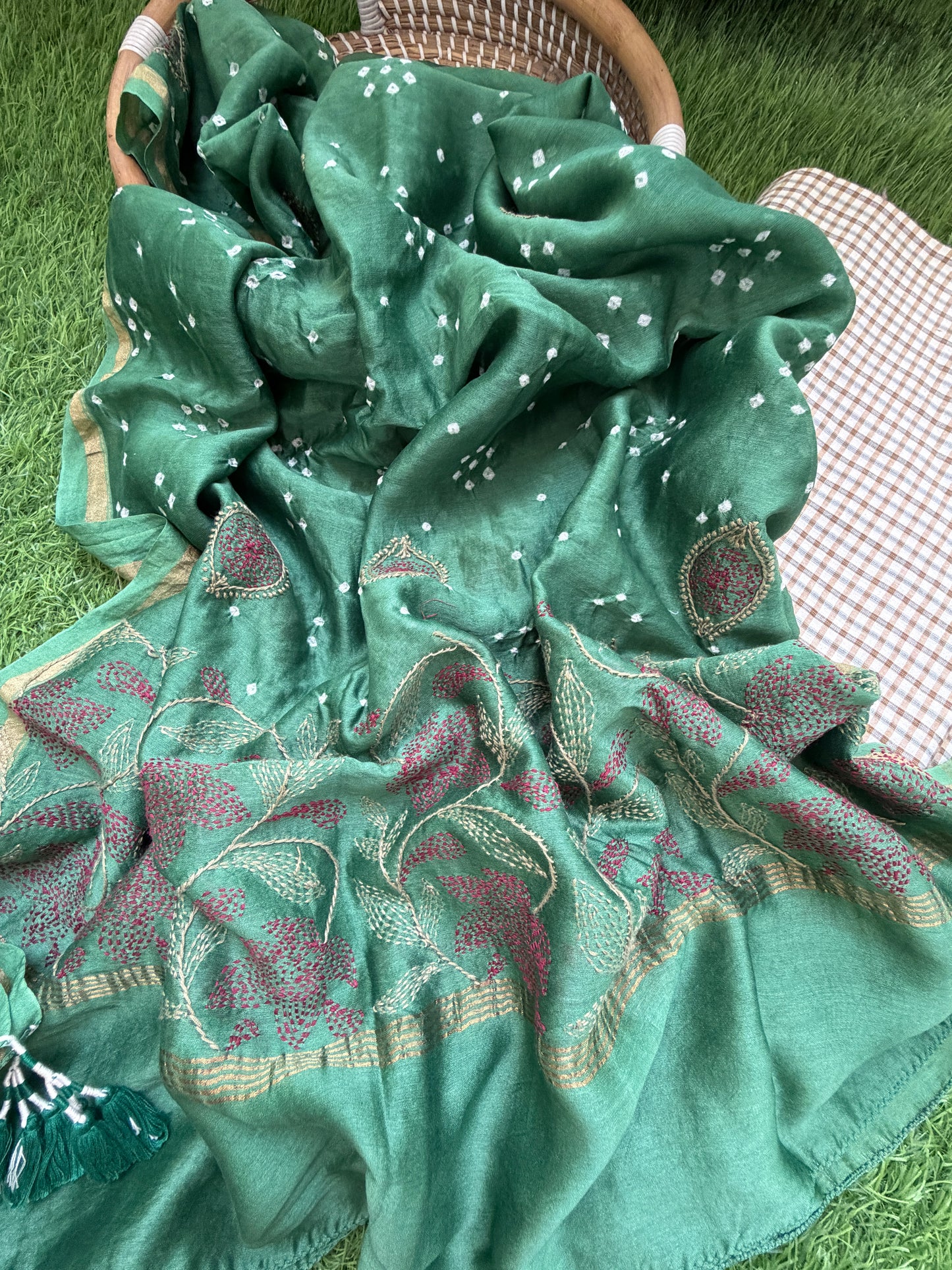 Khadi check kurta bottom pure chanderi bandhani chikankari dupatta