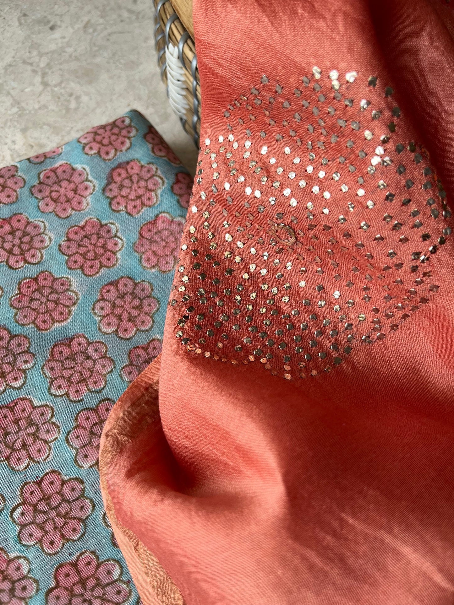 Chanderi Mukaish work Dupatta block print chanderi kurta fabric