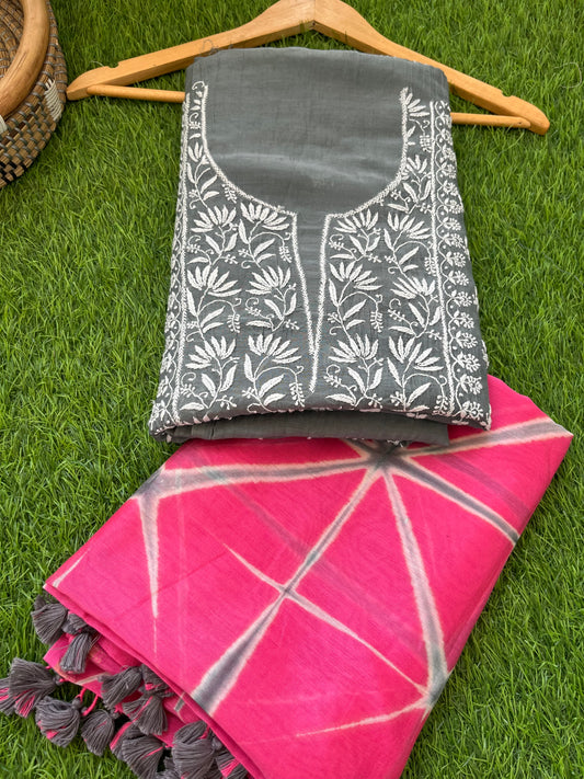 Chanderi Chikankari Kurta clamp dye Dupatta