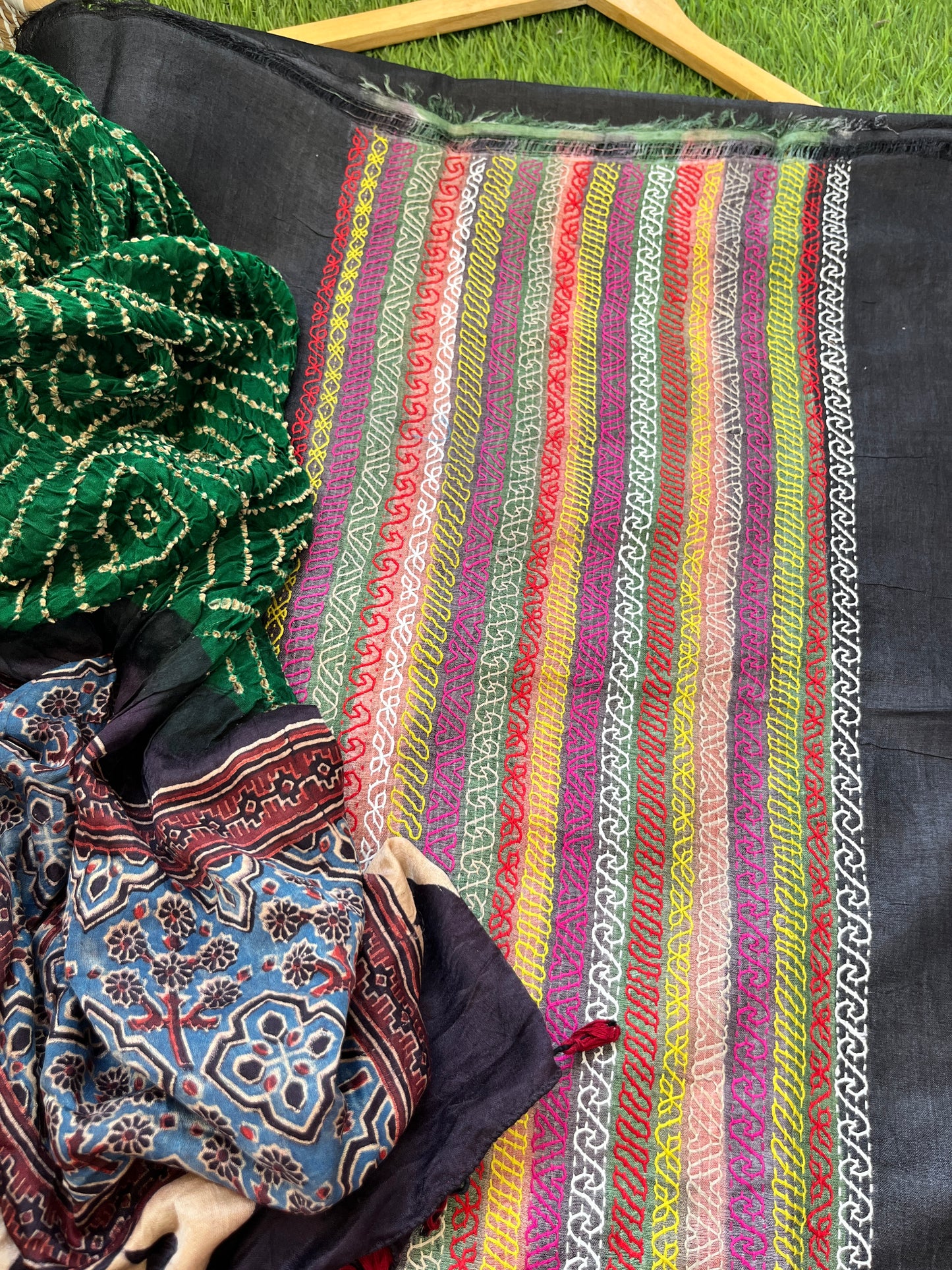 Silk kantha work kurta fabric with Bandhani ajrakh dupatta