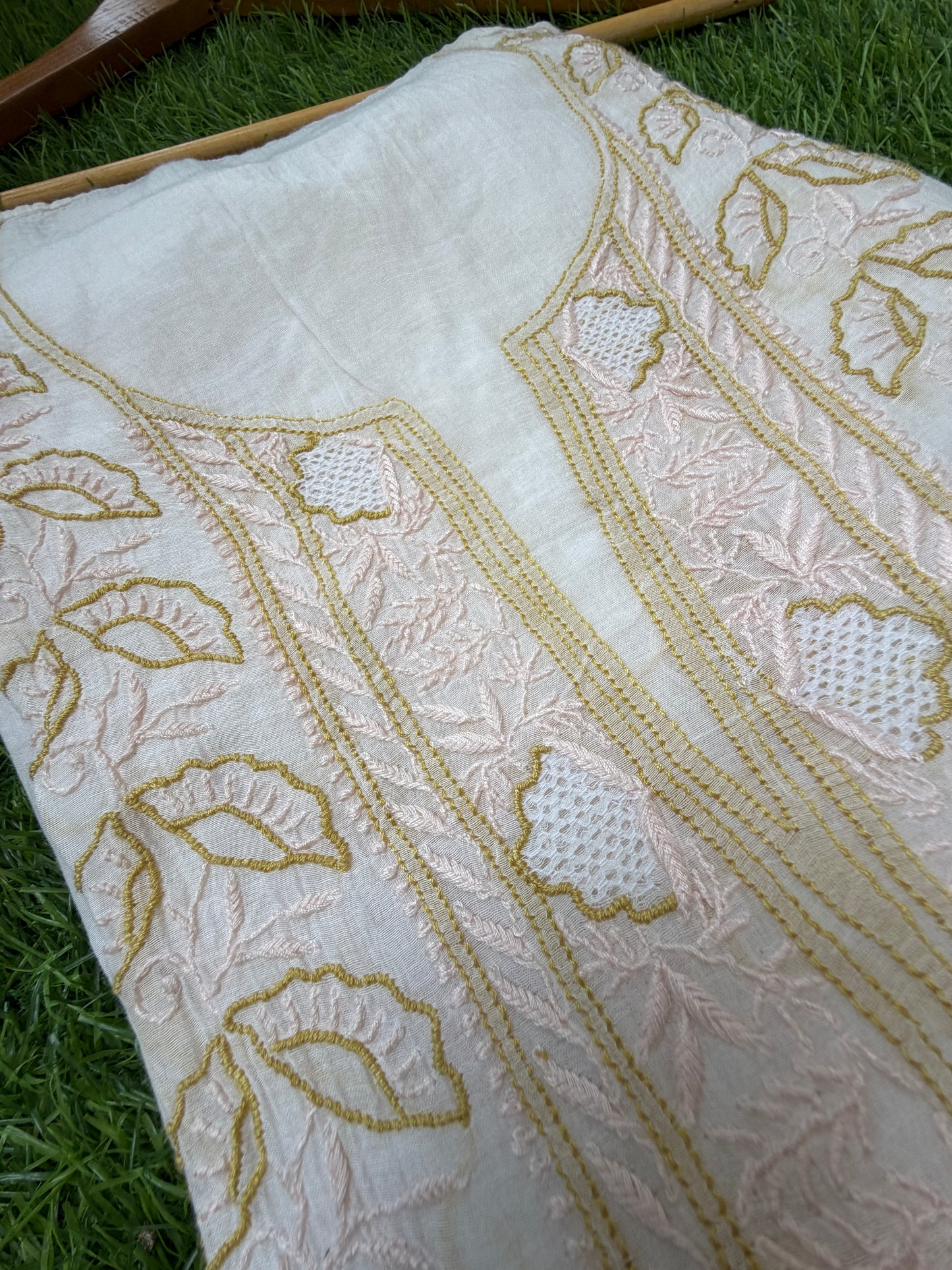 Semi stitched Chanderi Chikankari Kurta Dupatta