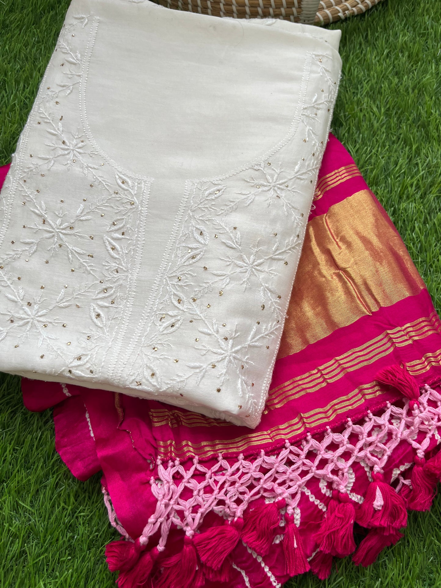 Chanderi Chikankari Kurta gajji silk bandhani Dupatta