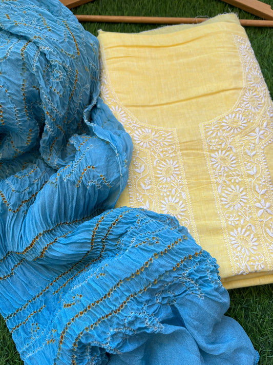 Khadi Mul Chikankari kurta with chinon bandhani dupatta