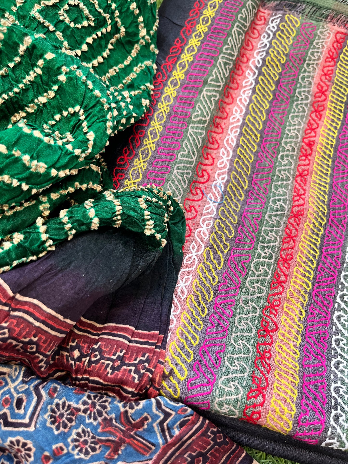Silk kantha work kurta fabric with Bandhani ajrakh dupatta