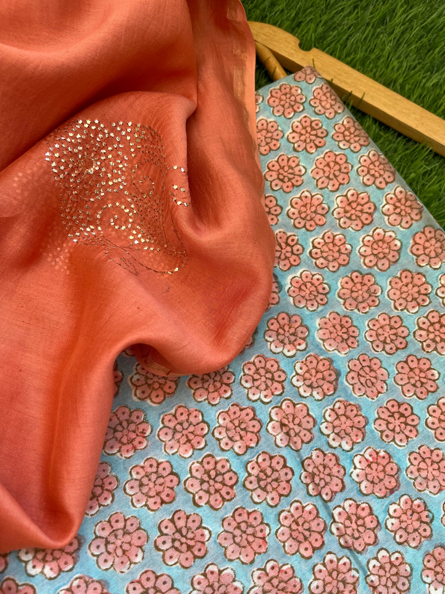 Chanderi Mukaish work Dupatta block print chanderi kurta fabric