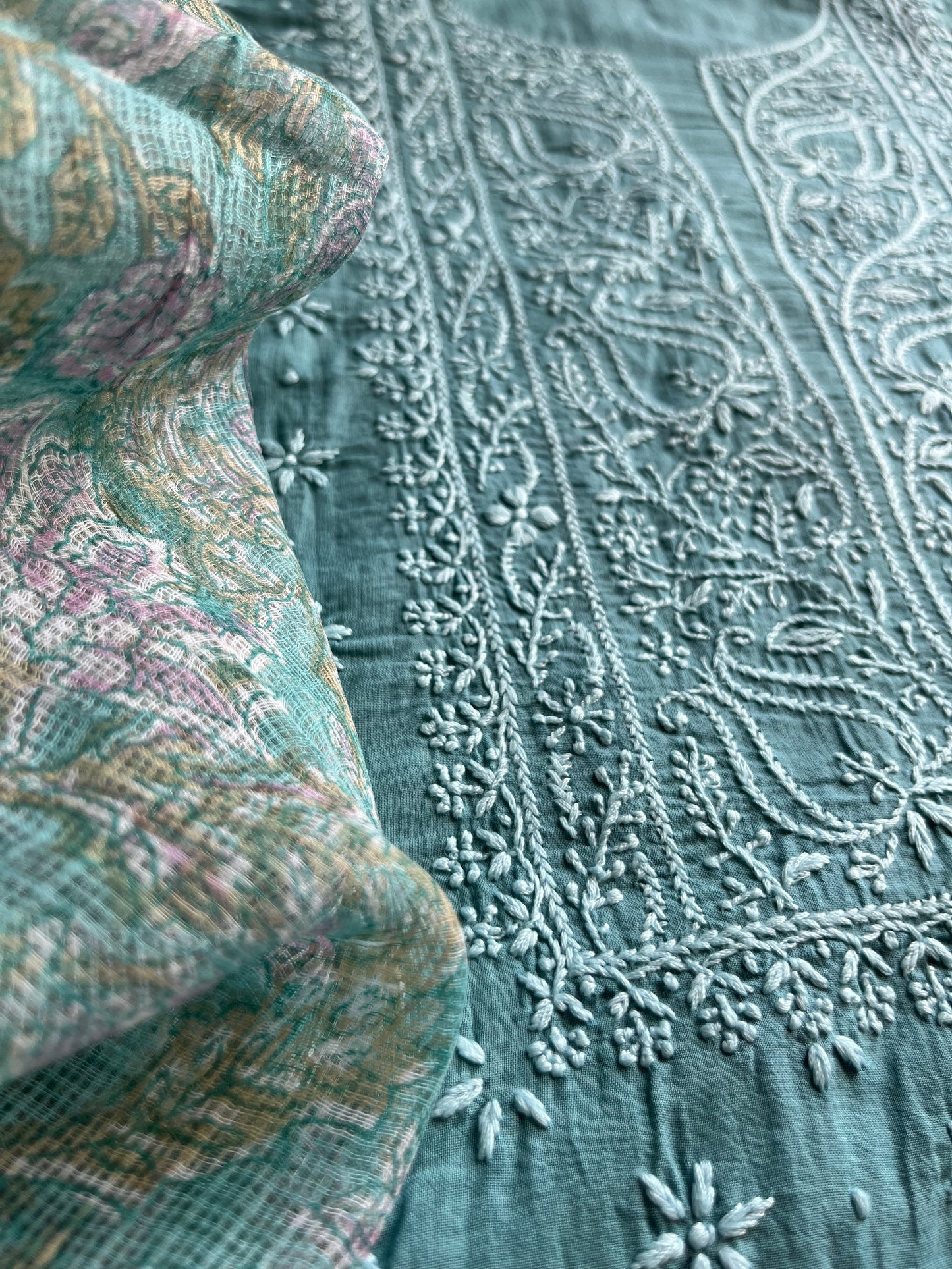 Cotton chikankari kurta kota doria dupatta