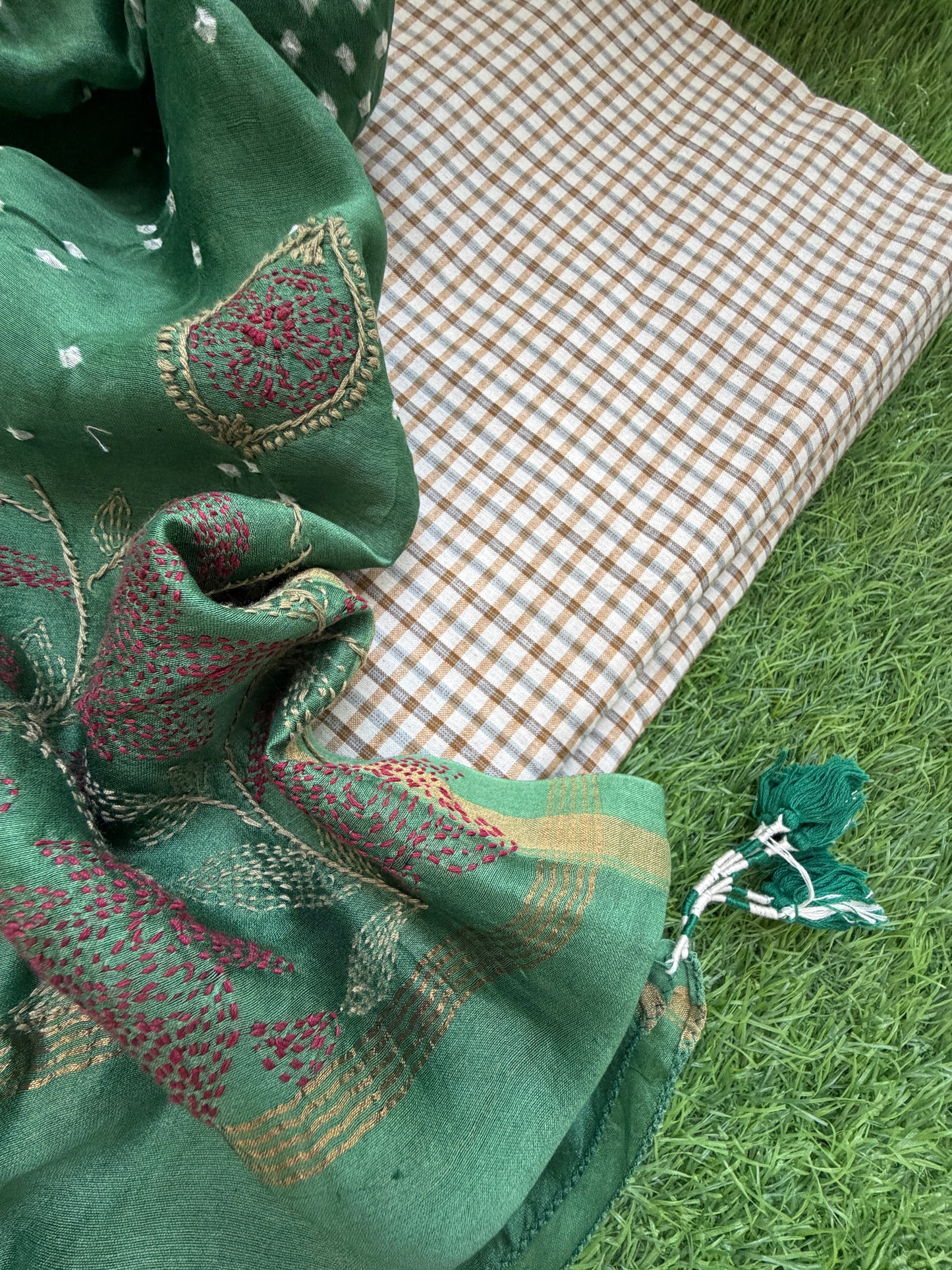 Khadi check kurta bottom pure chanderi bandhani chikankari dupatta