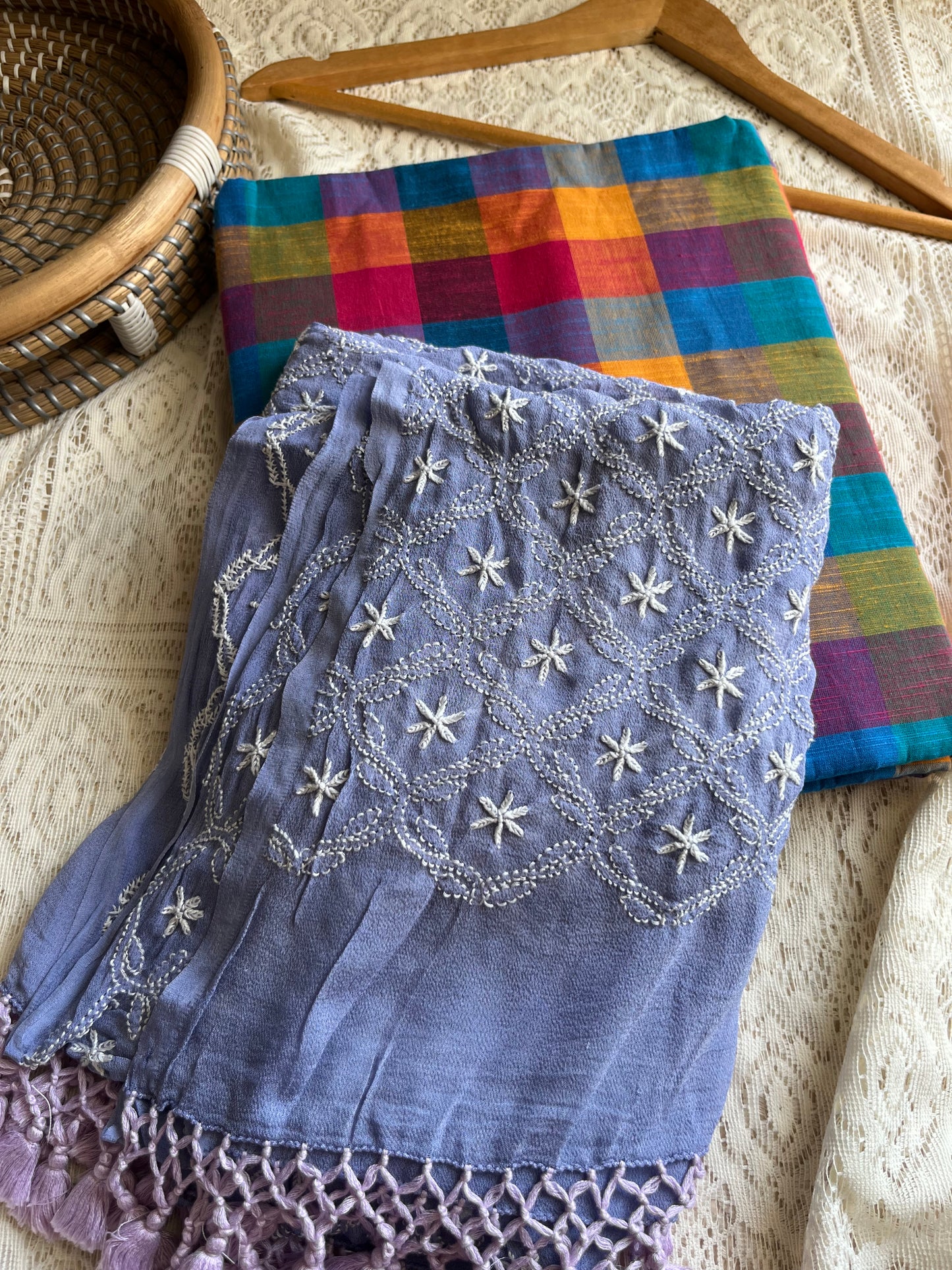 Cotton kurta bottom pure georgette chikankari bandhani dupatta