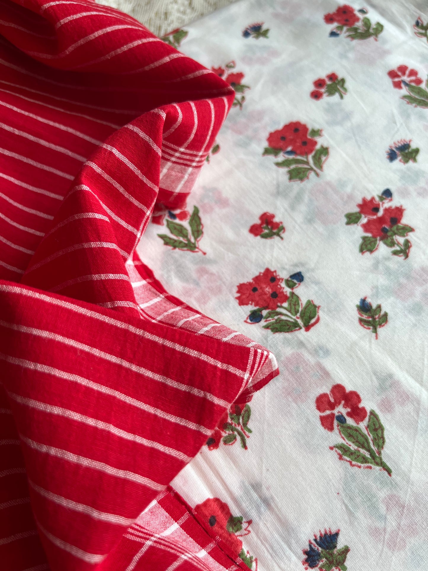 Cotton block print kurta bottom mul jaamdani dupatta