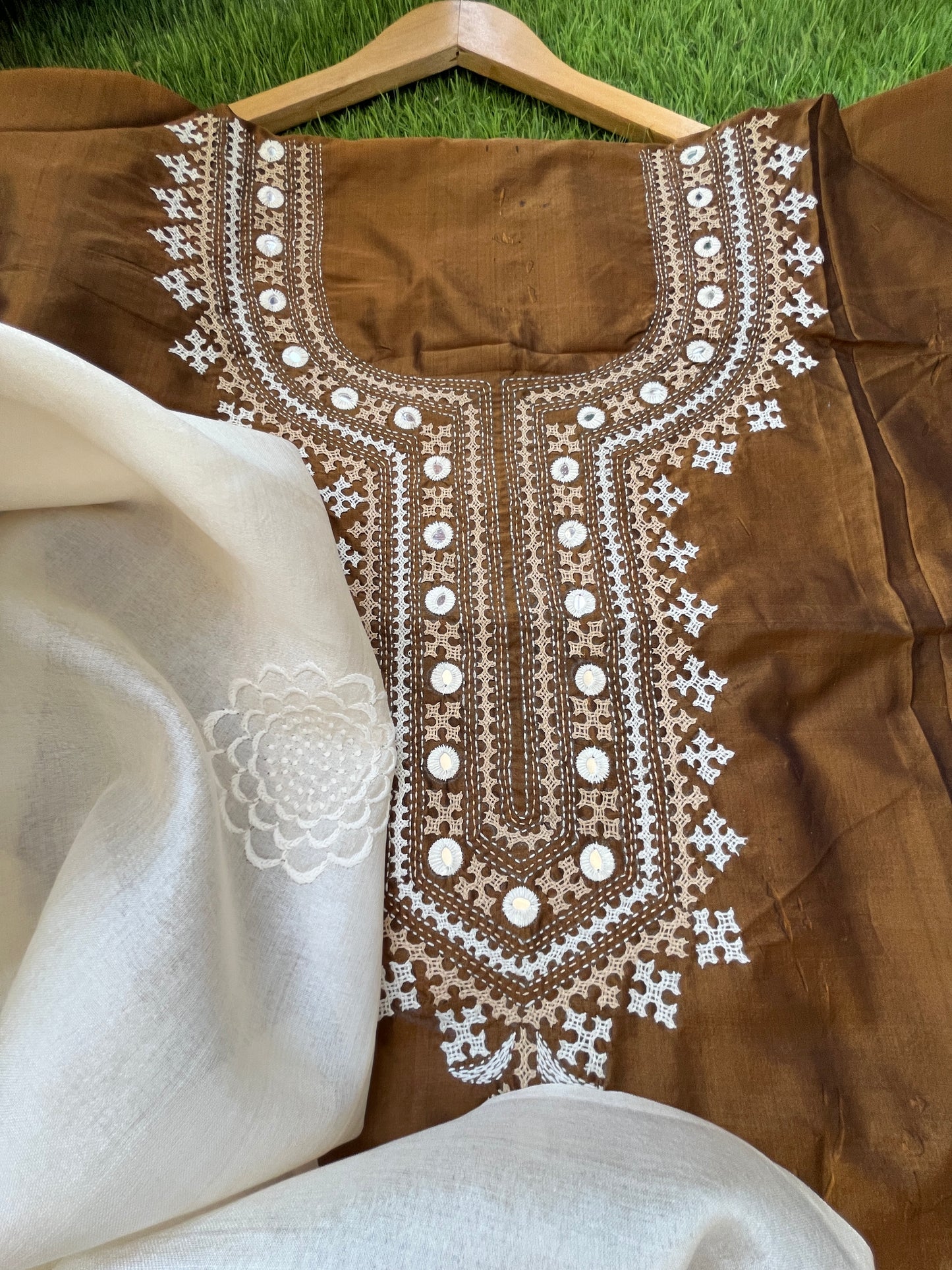 Silk sindhi work kurta fabric with silk chikankari dupatta