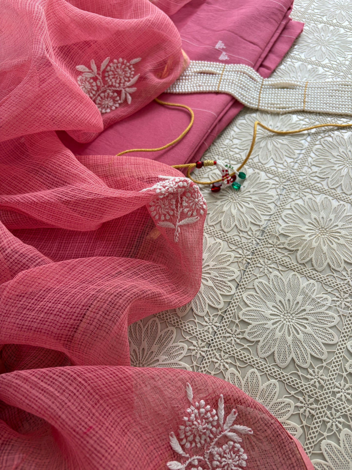 Mangalgiri kurta bottom Kota Doria chikankari dupatta