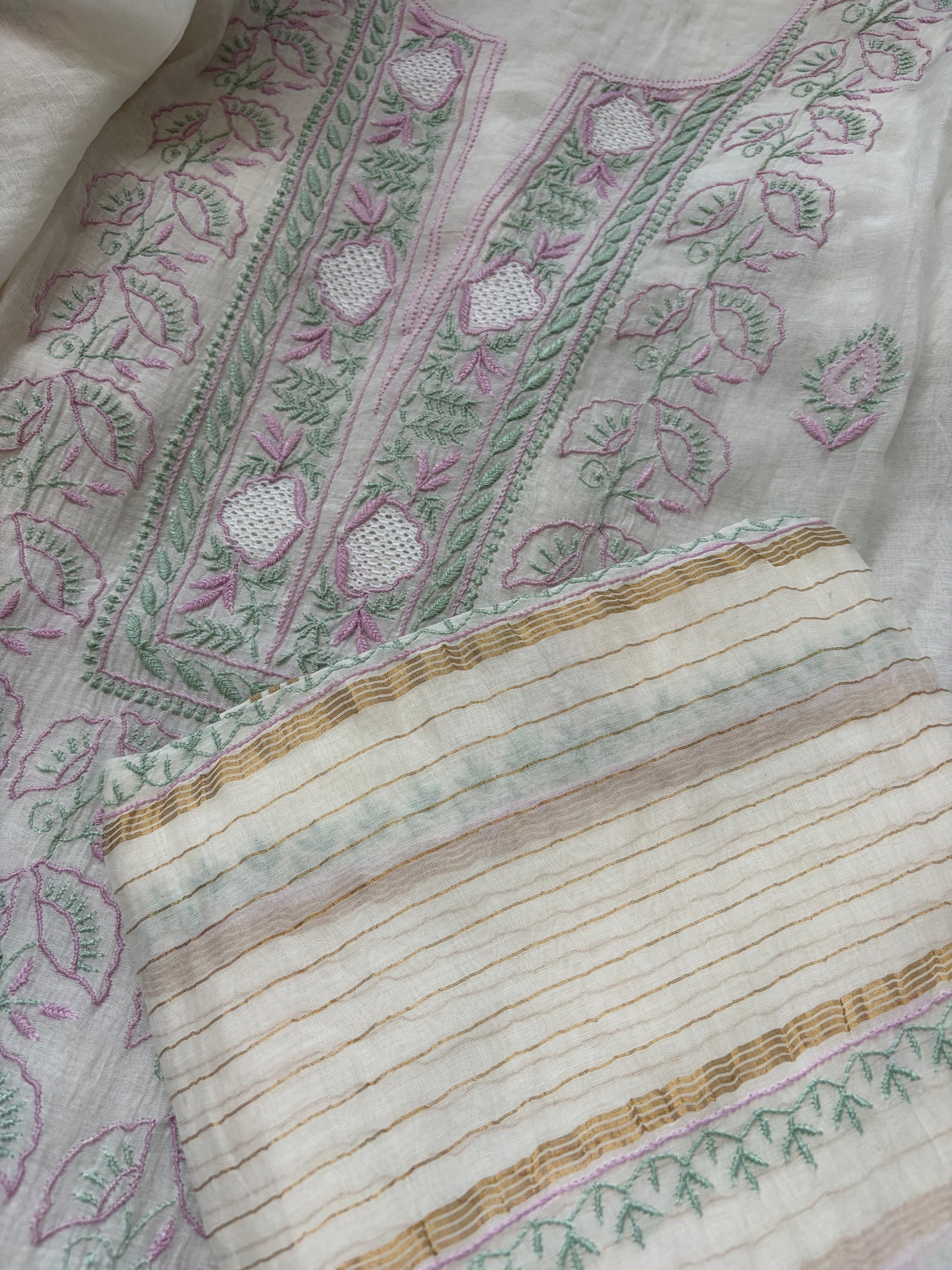Semi stitched Chanderi Chikankari Kurta Dupatta