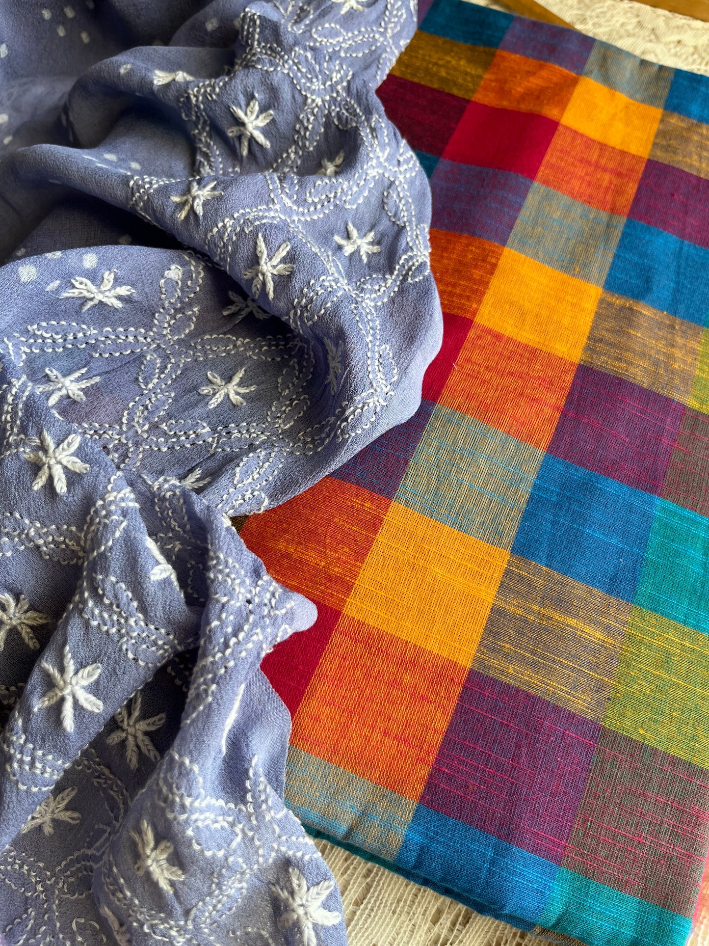 Cotton kurta bottom pure georgette chikankari bandhani dupatta