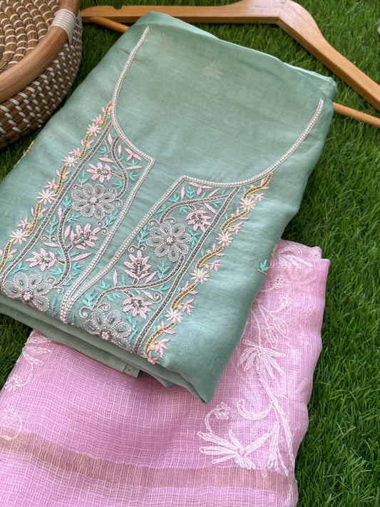 Hand embroidered chanderi kurta kota silk chikan work dupatta