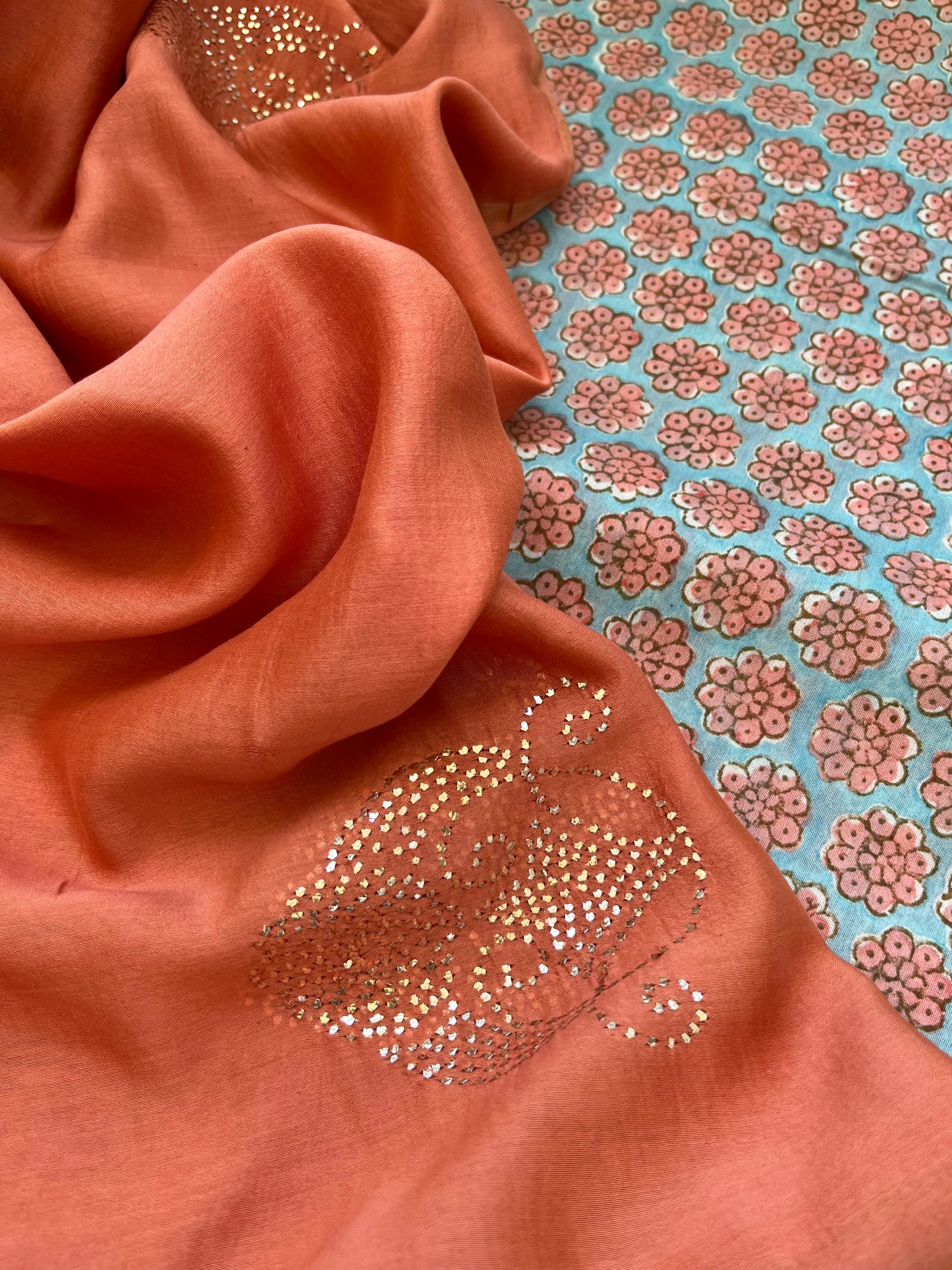 Chanderi Mukaish work Dupatta block print chanderi kurta fabric