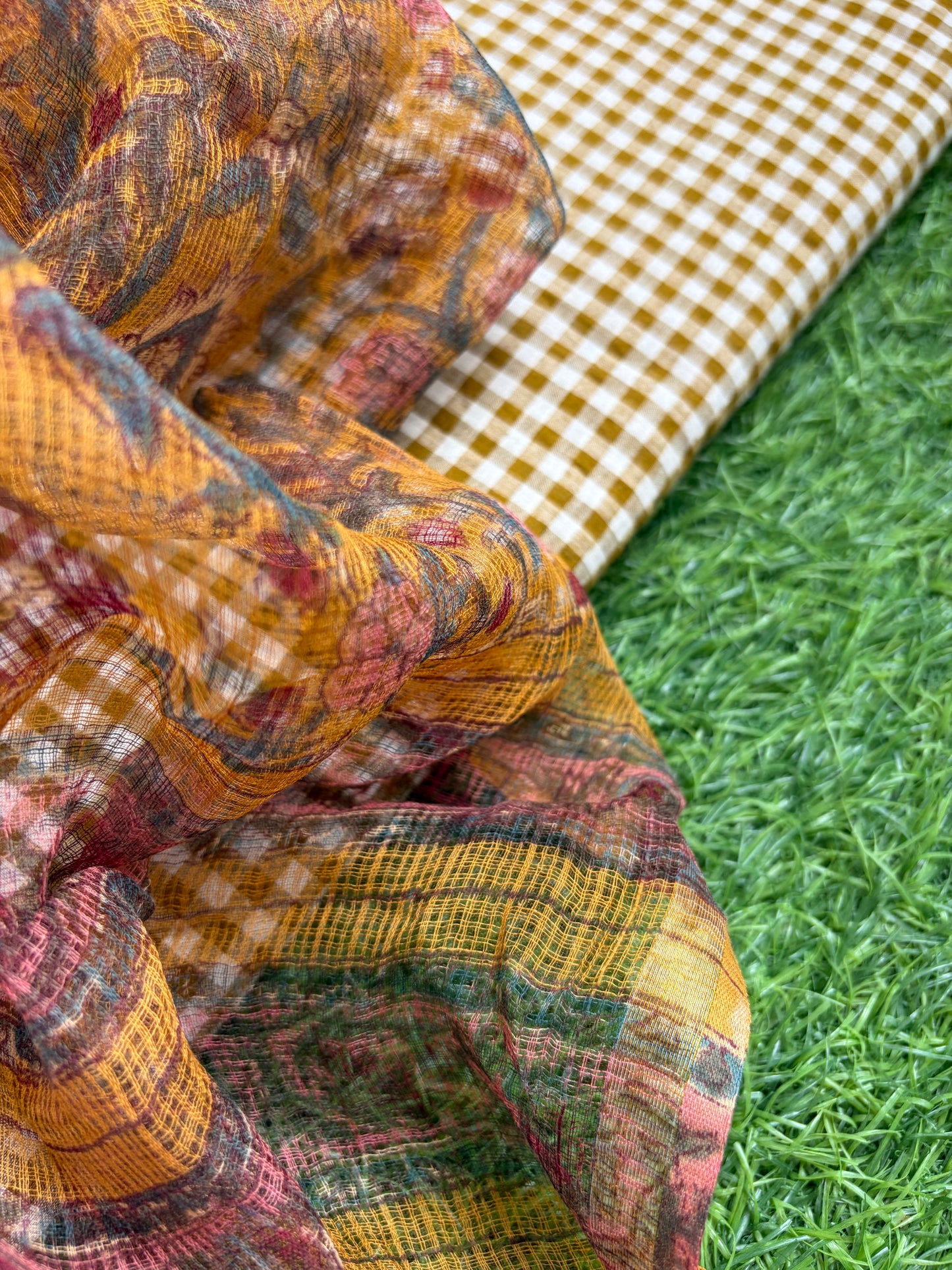 Khadi cotton check kurta bottom fabric kota dupatta