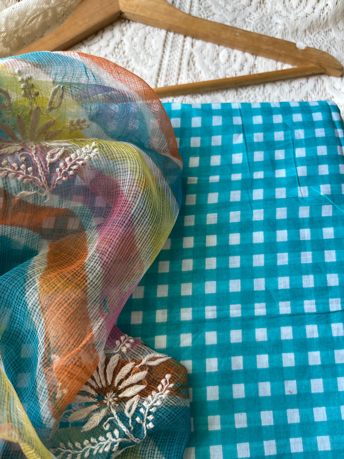 Cotton check kurta bottom fabric kota doria chikan work dupatta