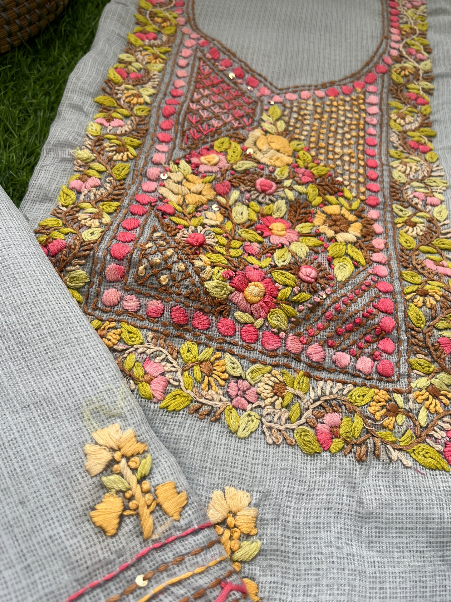 Kota hand embroidered kurta dupatta and plain bottom fabric