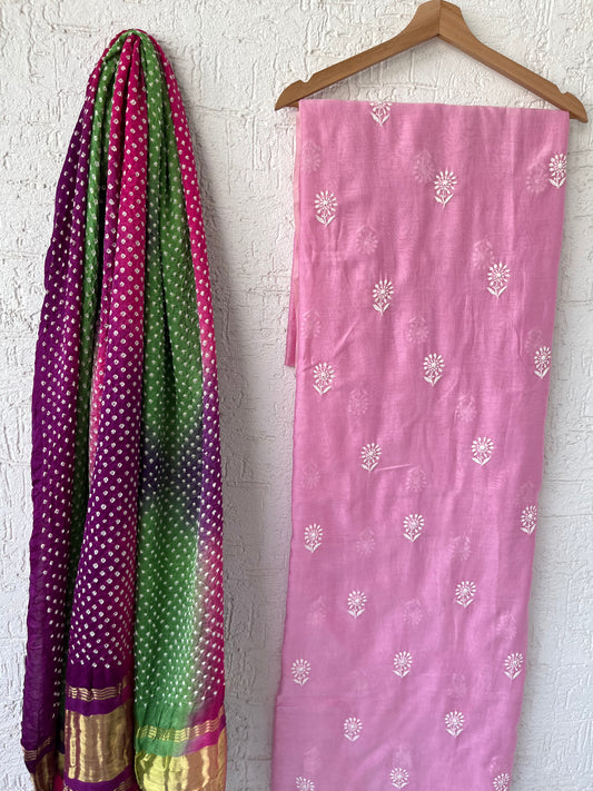 Chanderi Silk chikan kurta bandhani Dupatta