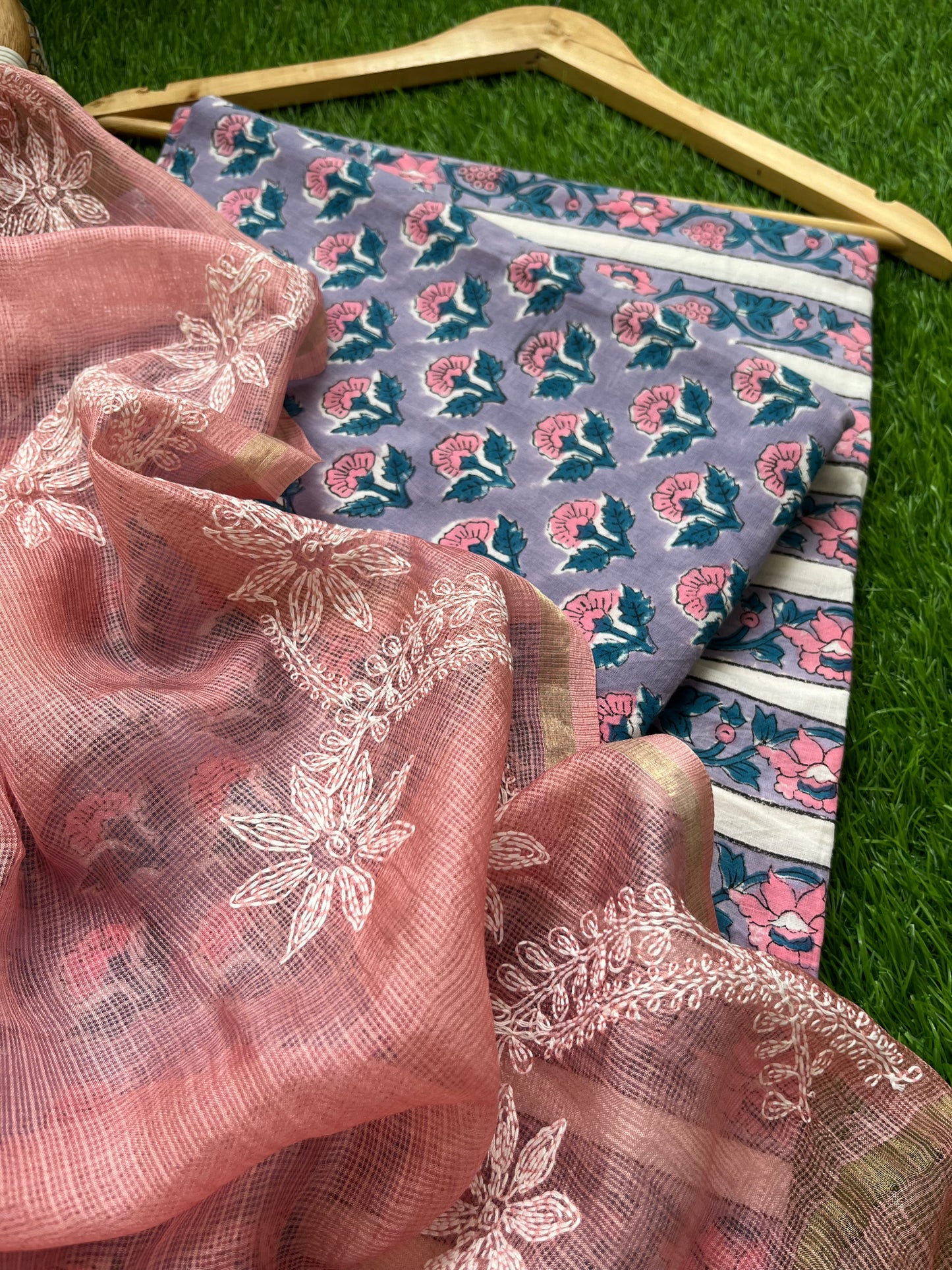 Kota silk Chikankari Dupatta with cotton kurta bottom Fabric