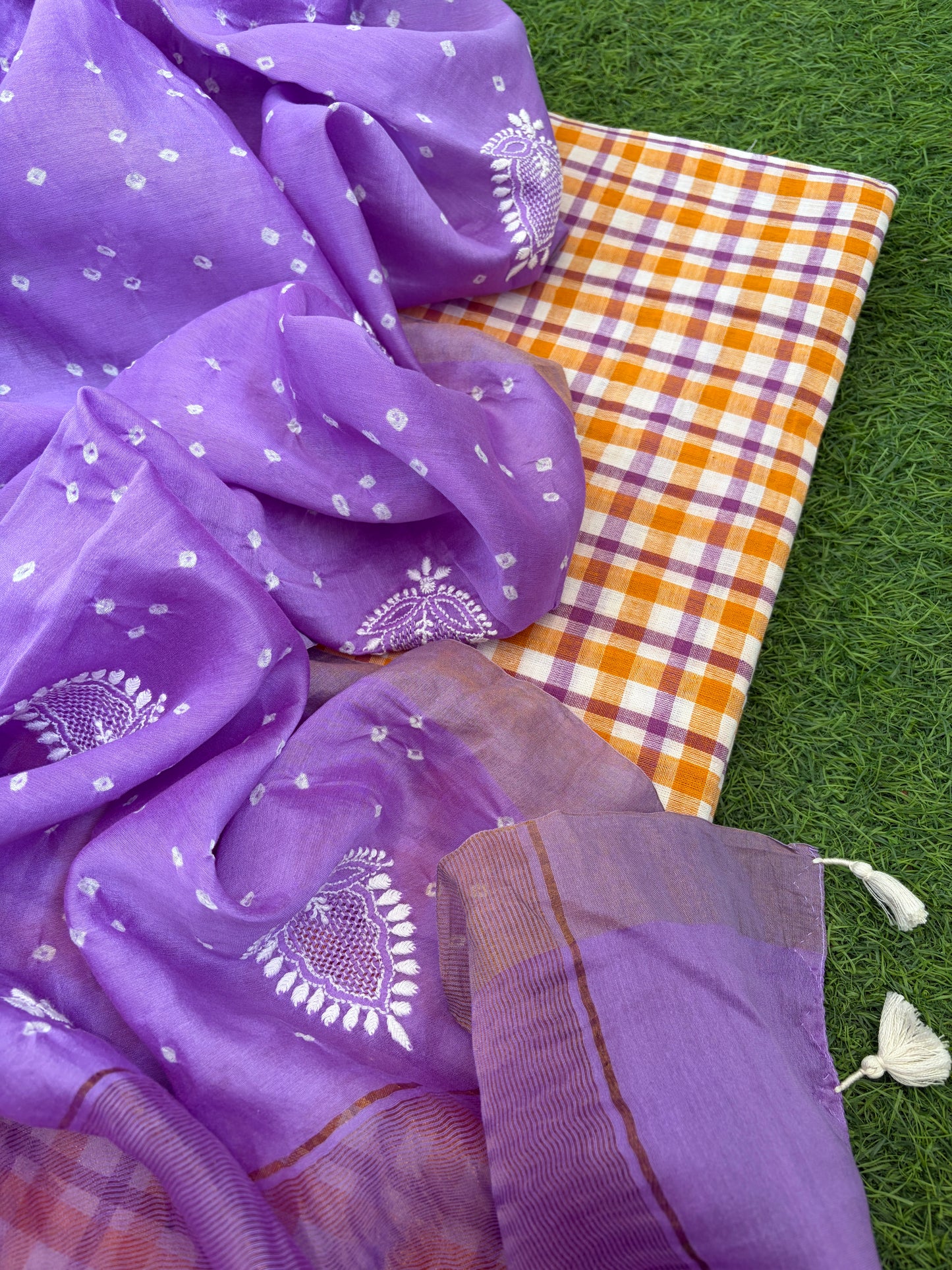 Khadi check kurta bottom pure chanderi bandhani chikankari dupatta