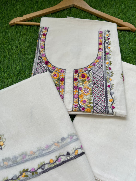 Handwoven Cotton knot work embroidered kurta dupatta and plain bottom fabric