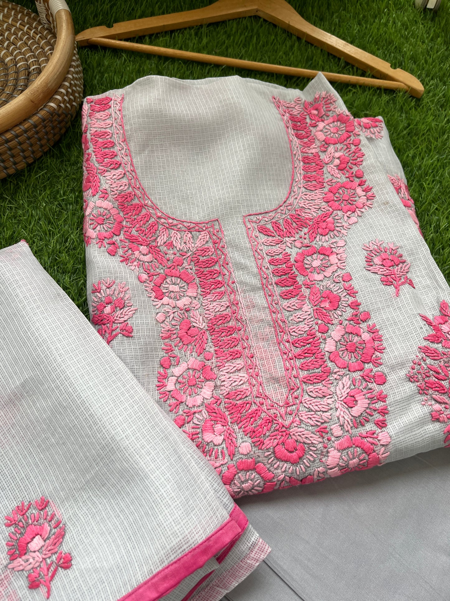 Kota hand embroidered kurta dupatta and plain bottom fabric