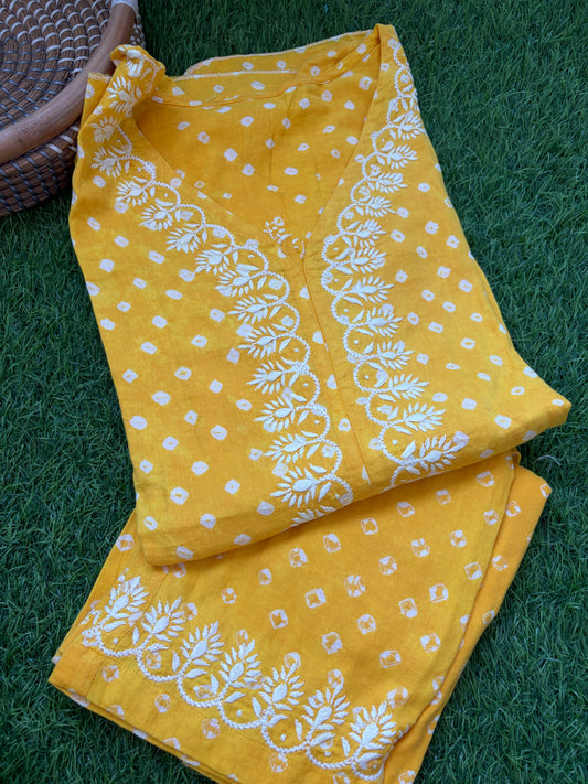 Cotton Bandhani chikan shirt and a-bottom