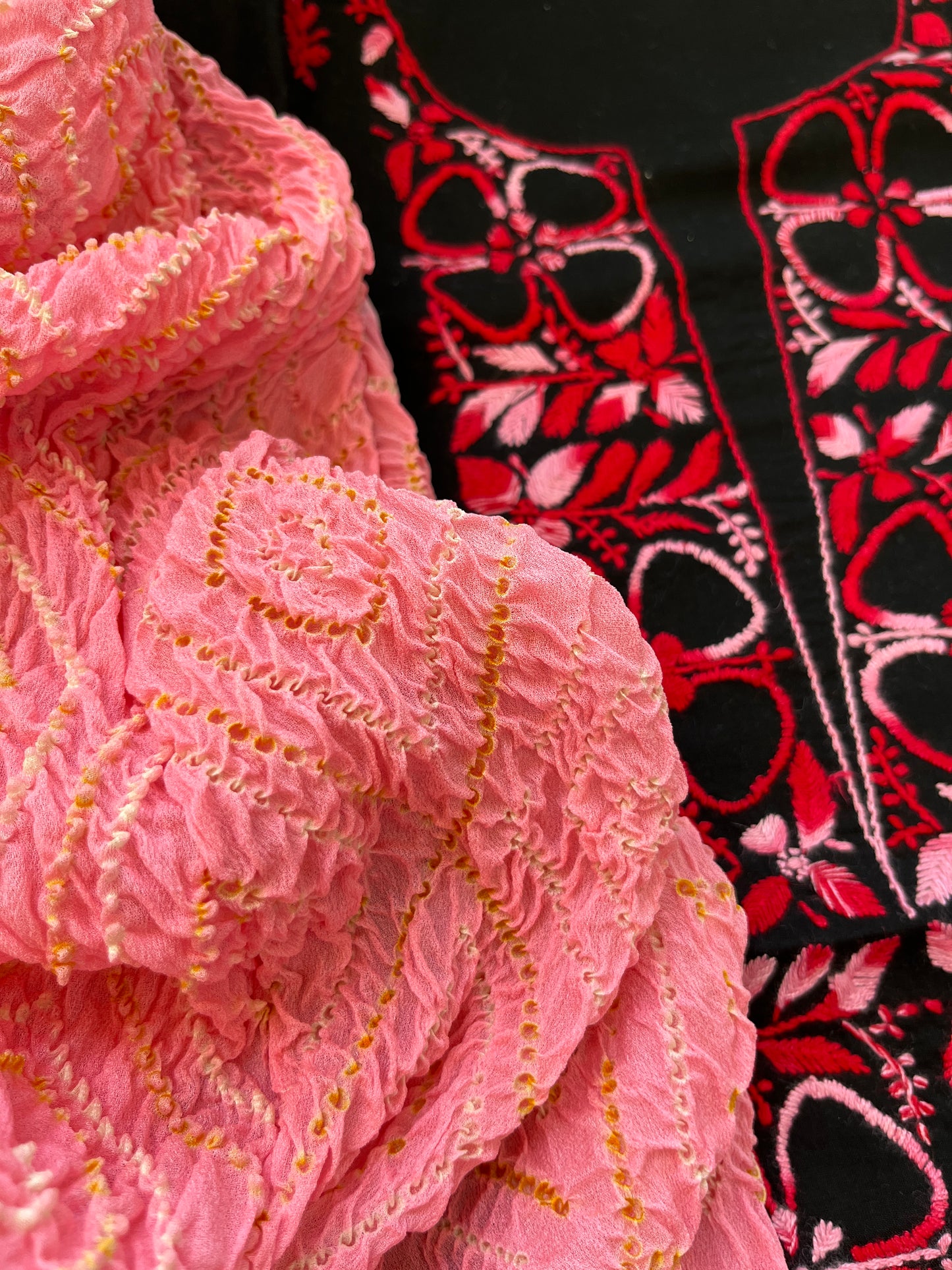 Cotton Chikankari kurta with chinon bandhani dupatta